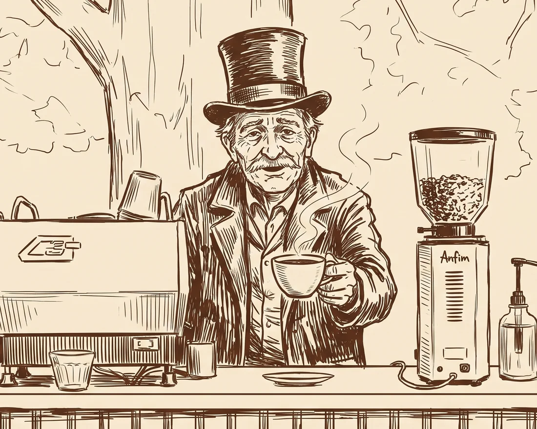 Ink drawing of the Morning Brew Co gentleman behind the coffee cart, holding out a finished cup of coffee beside the espresso machine and grinder