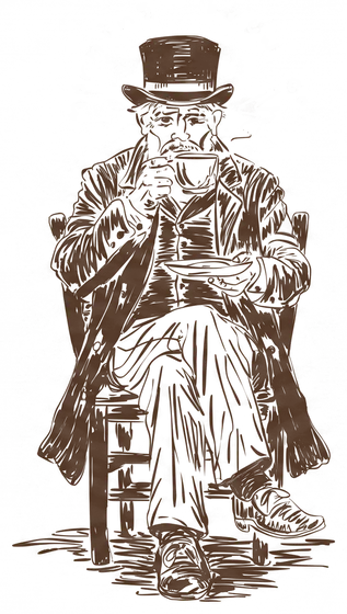 The Morning Brew Co gentleman, drawn in brown ink: an old man in a battered top hat with a heavy moustache and whiskers, seated in a wooden chair with a cup of coffee
