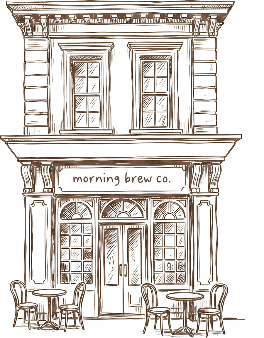 Brown ink sketch of the Morning Brew Co shopfront: two storeys with tall windows above, an awning, arched paned shop windows and double doors below, the morning brew co sign over the door, and small cafe tables out on the pavement