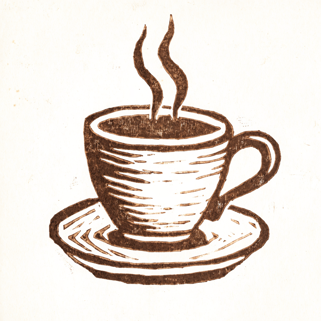 Bold woodcut print of a steaming coffee cup on a saucer