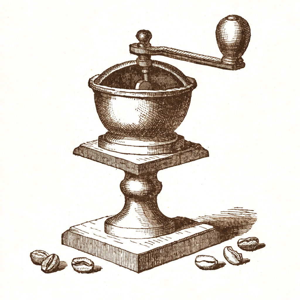 Engraving of an antique coffee grinder with scattered beans