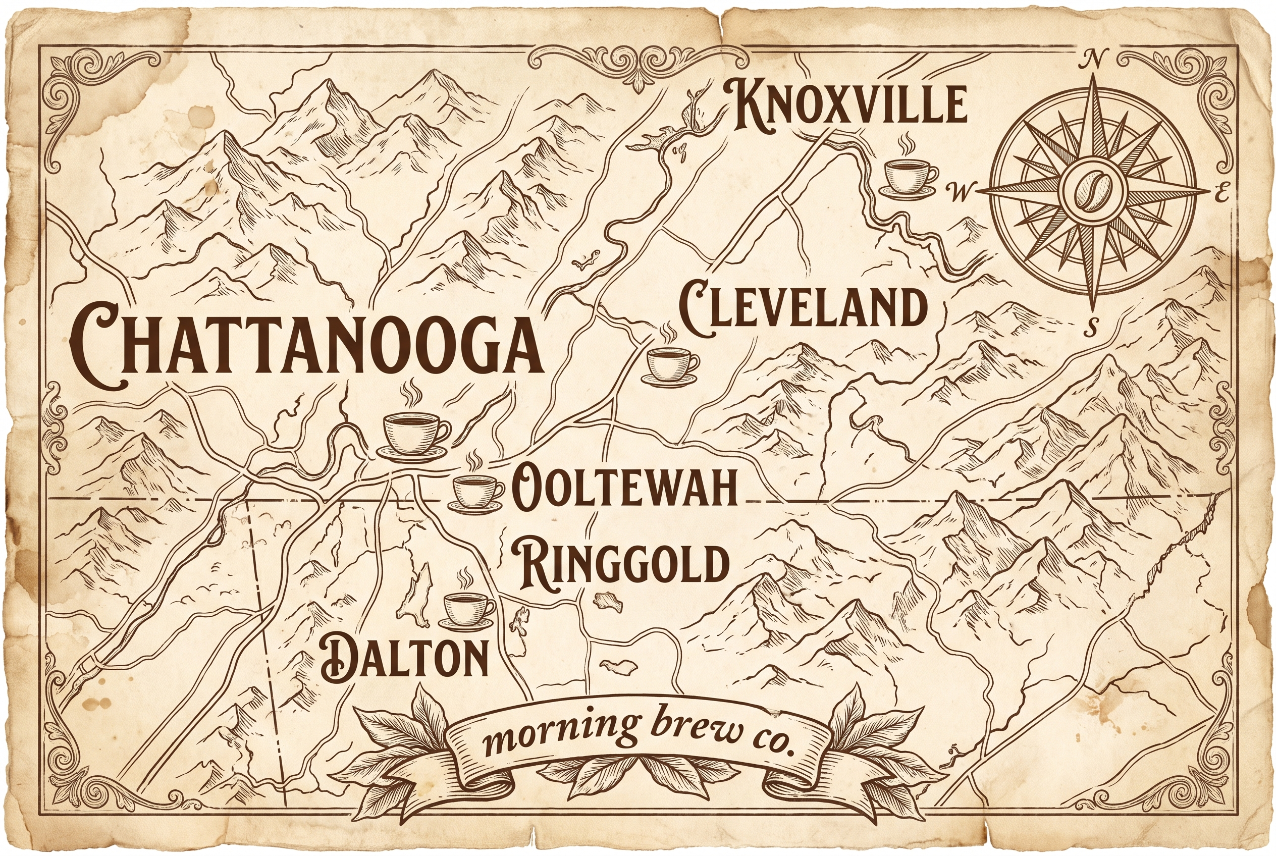 Antique map of the catering region marking Chattanooga, Cleveland, Knoxville, Ooltewah, Dalton, and Ringgold with coffee cups