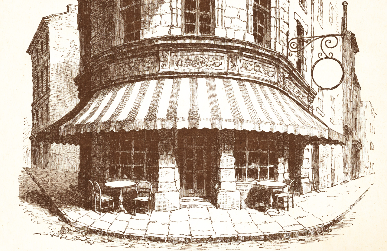 Engraving of the corner coffee house with a striped awning and sidewalk tables