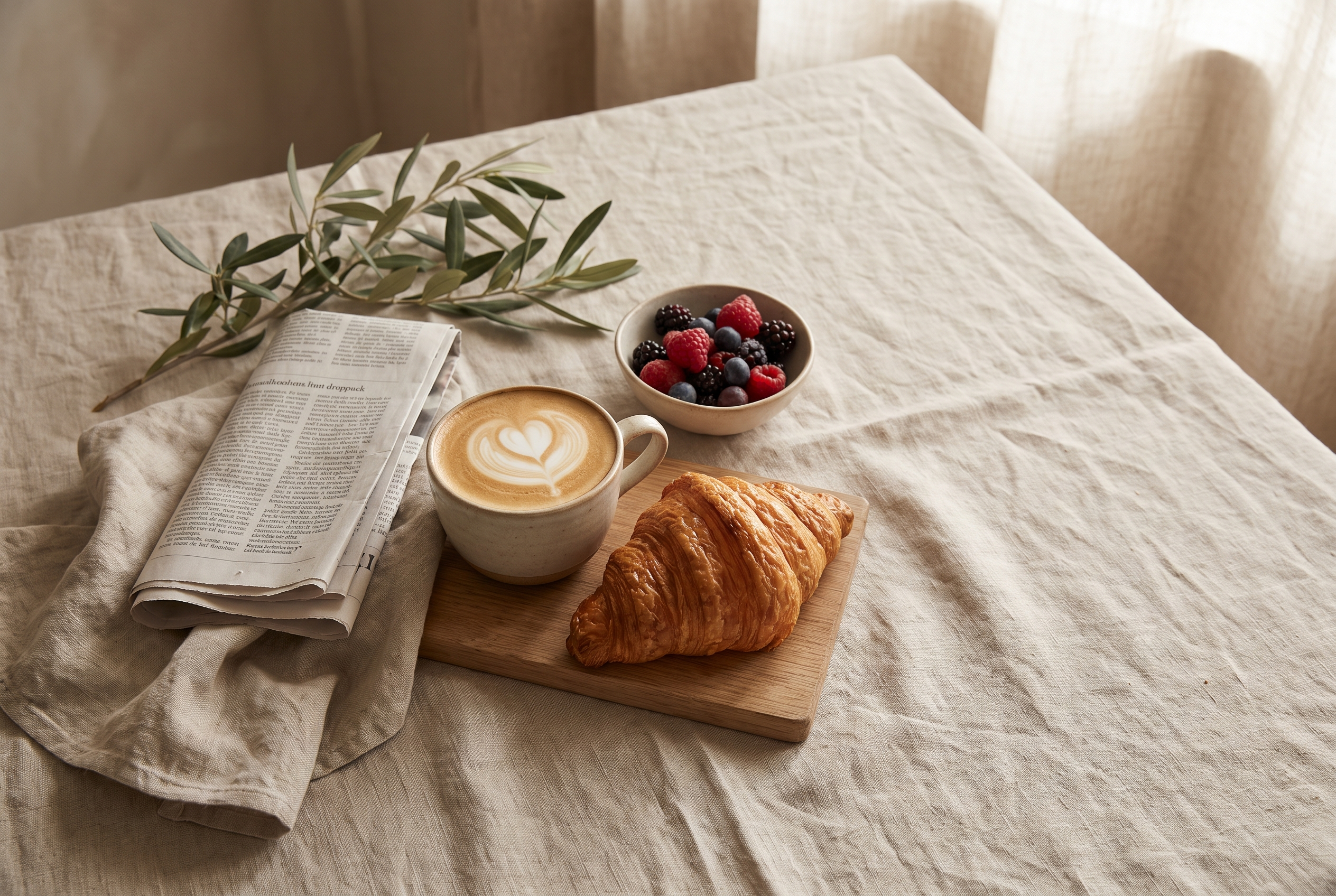 A cappuccino, a butter croissant, and a bowl of berries on a linen tablecloth beside a folded newspaper