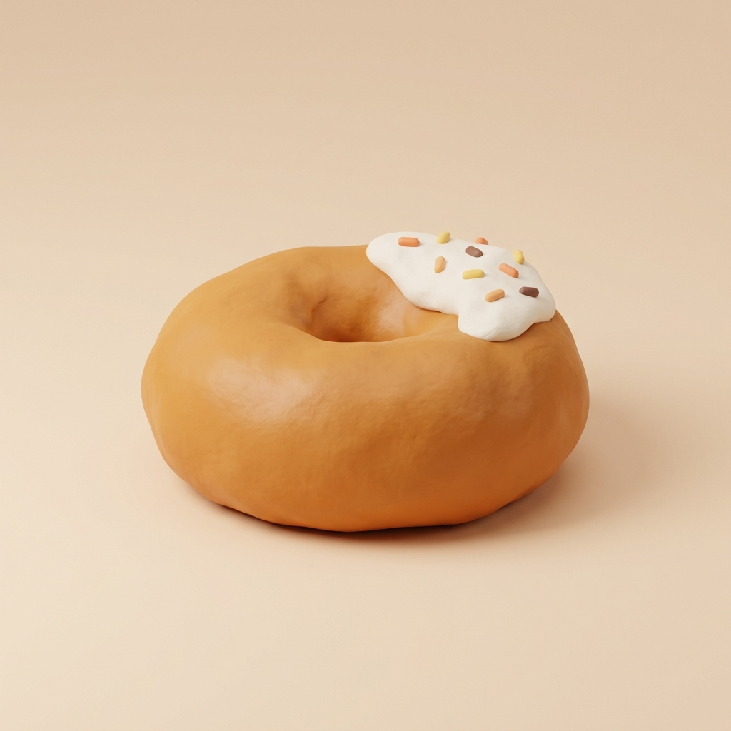 A plump clay bagel topped with cream cheese and sprinkles