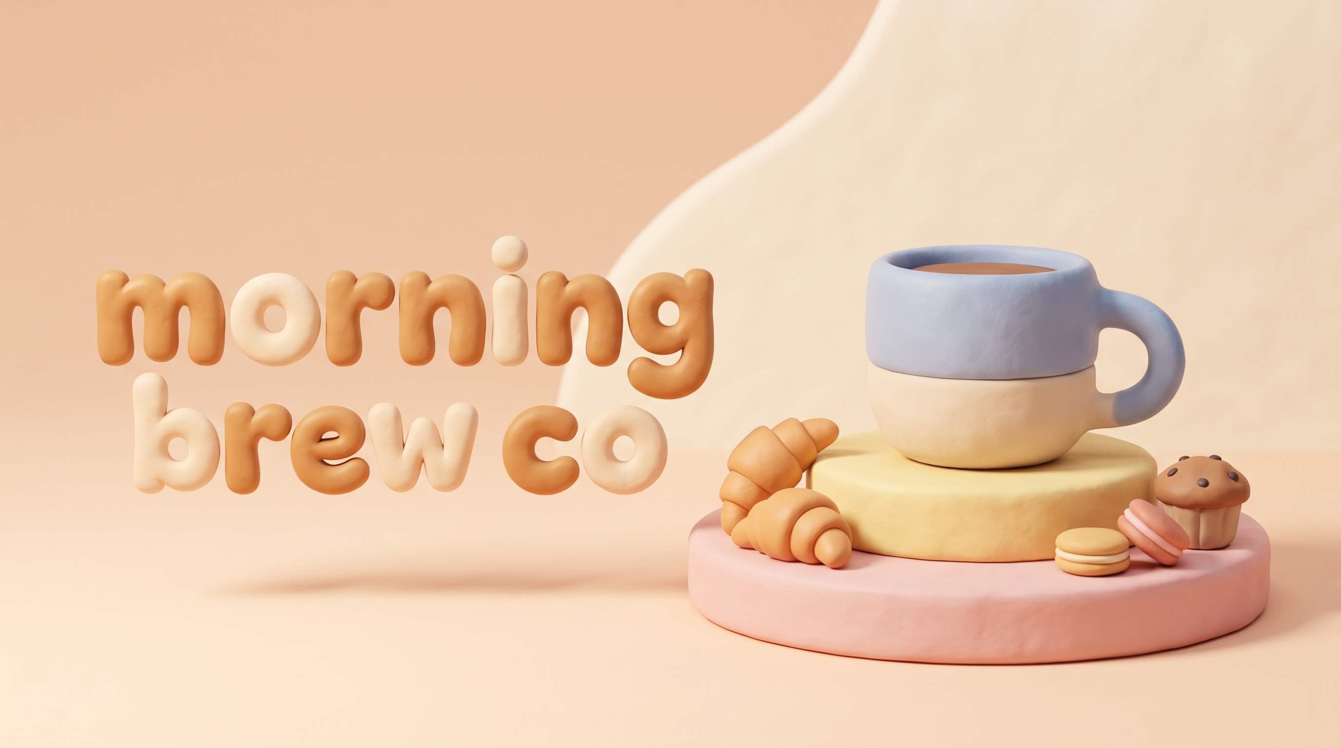 A clay scene of the Morning Brew Co wordmark beside a mug, croissant, macarons, and a muffin on pastel podiums