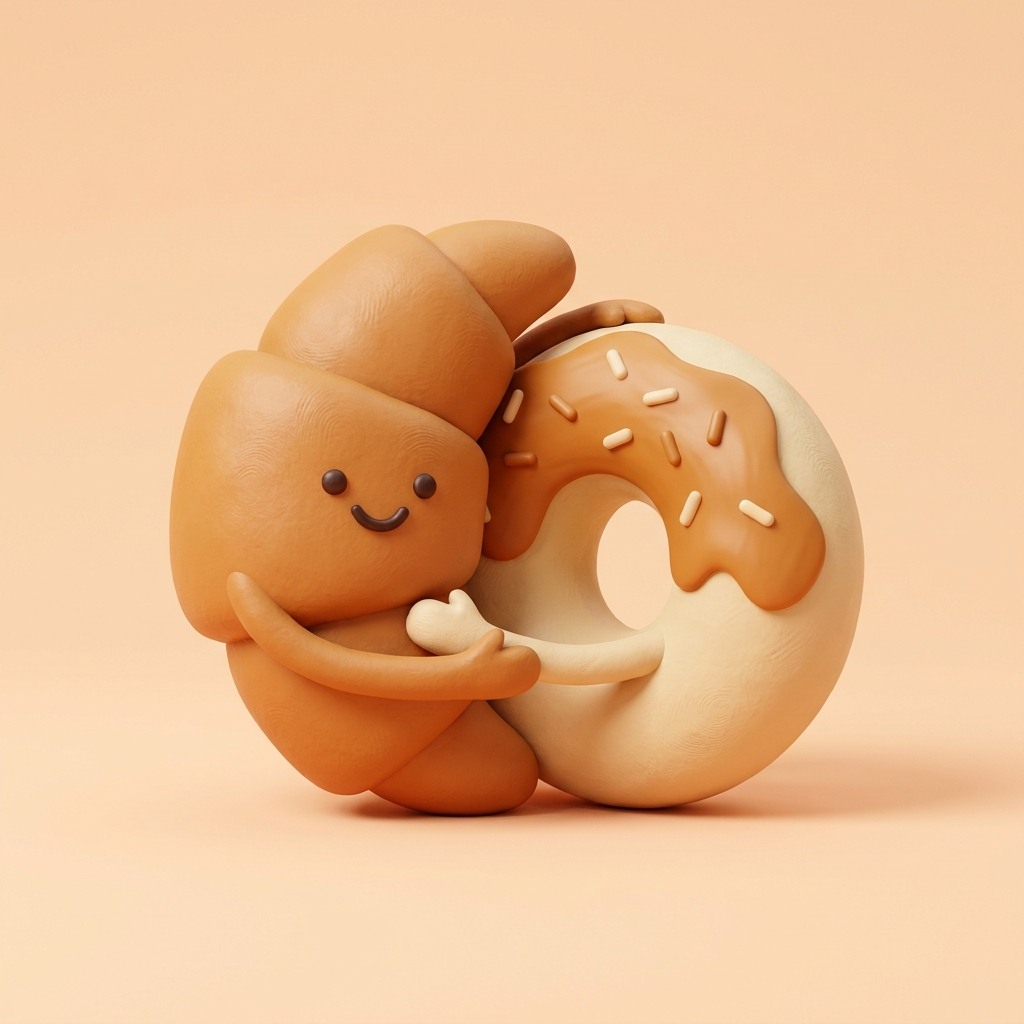 A smiling clay croissant hugging a glazed clay donut