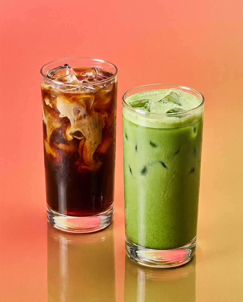 Iced cold brew and iced matcha side by side on a coral gradient