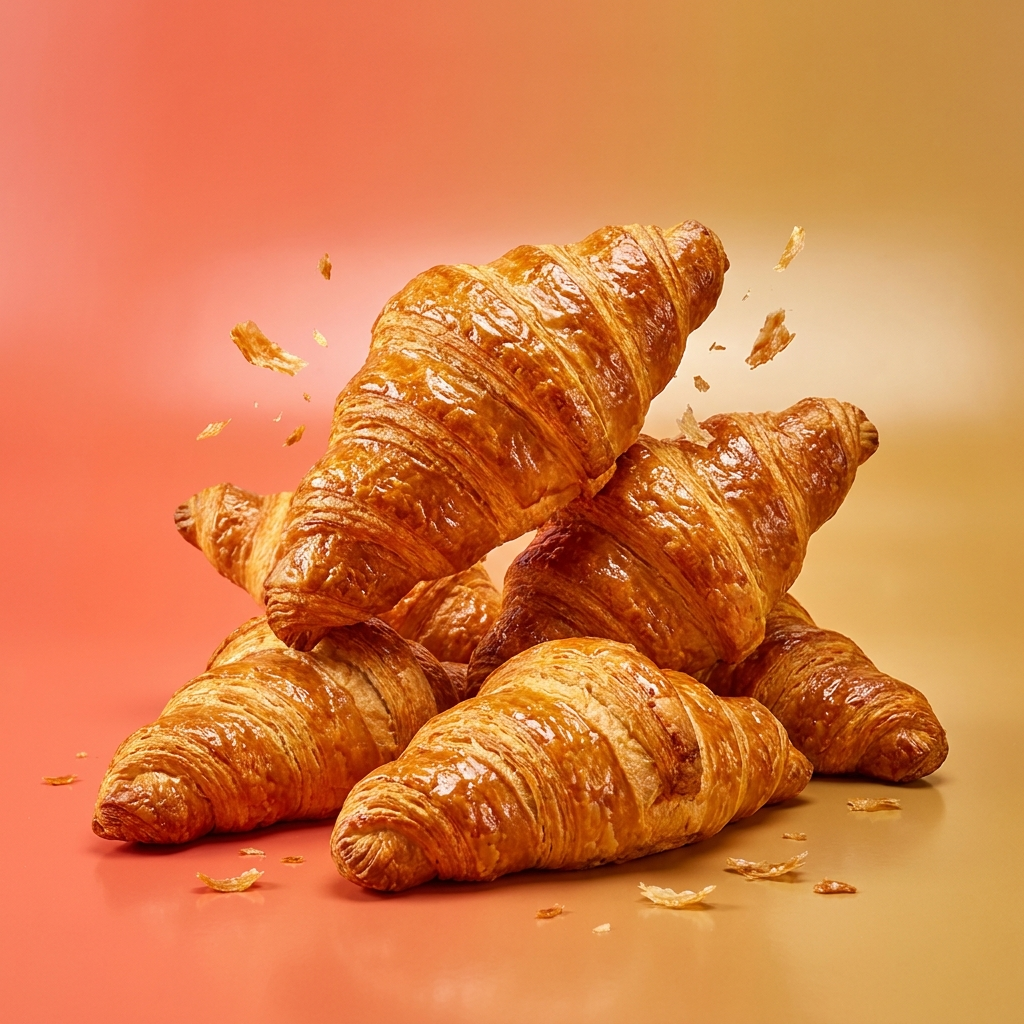 Pile of golden croissants with flaky crumbs on a coral and gold gradient