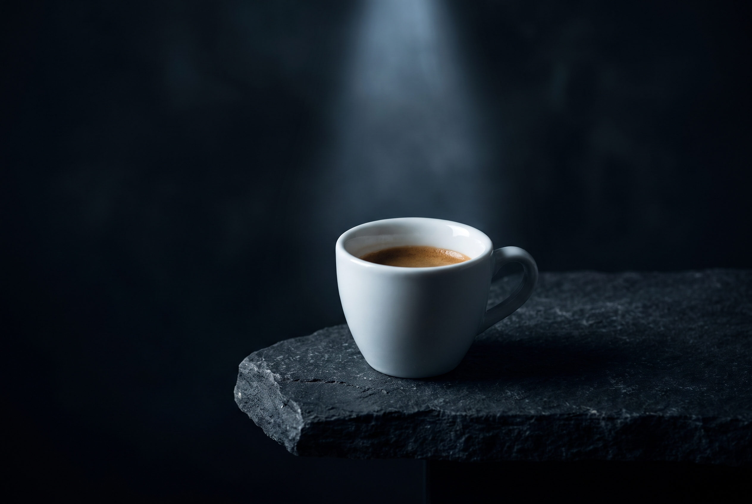 A white espresso cup under a single cool beam of light on a charcoal slate ledge