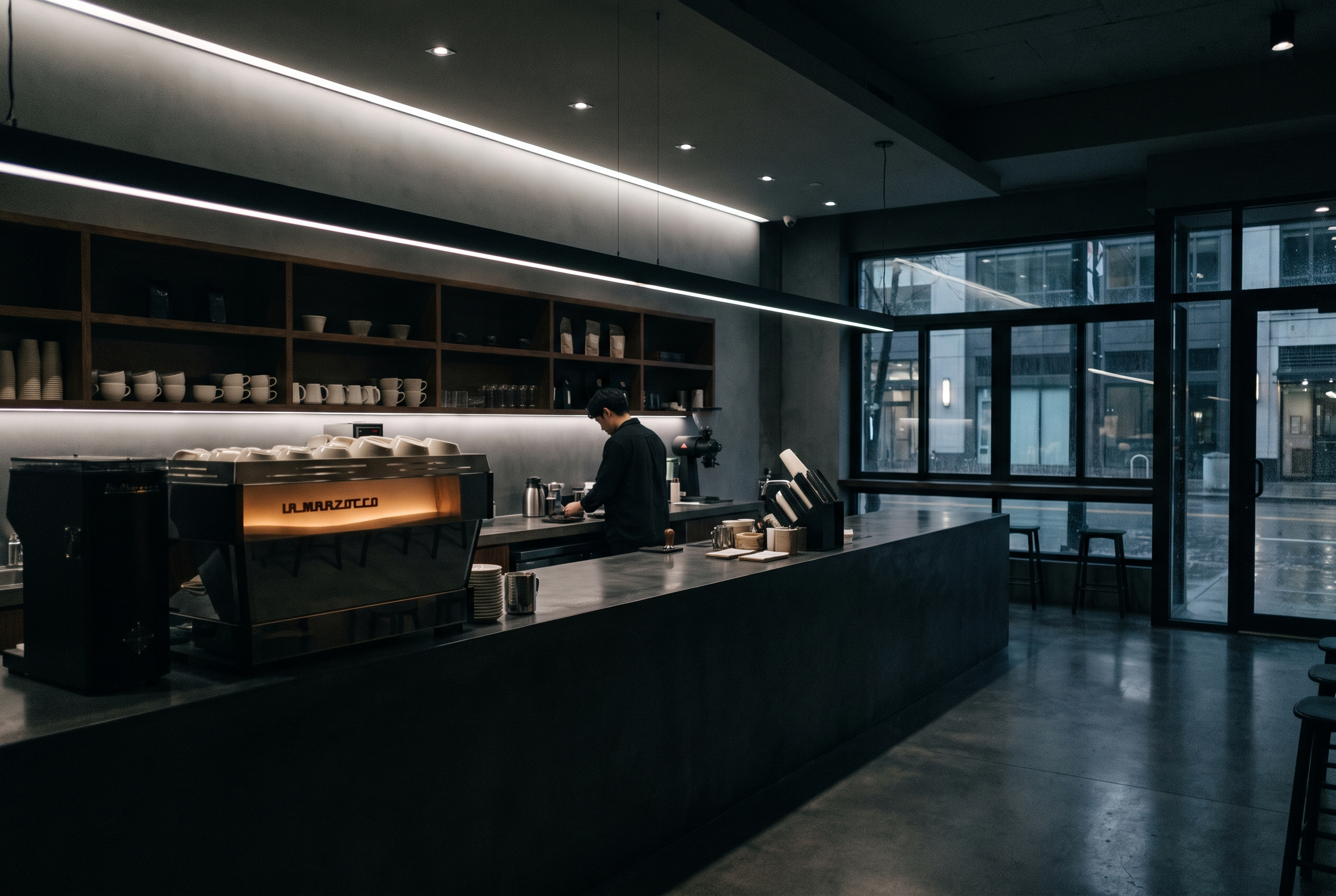 The Morning Brew Co espresso bar at night, concrete counter under a thin line of light
