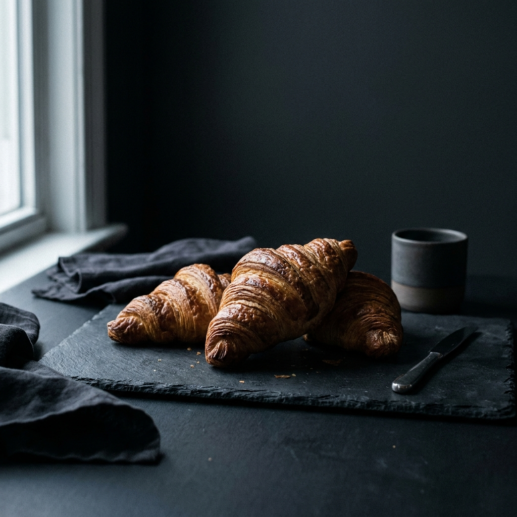 Three croissants on dark slate beside a stoneware cup, lit from a window