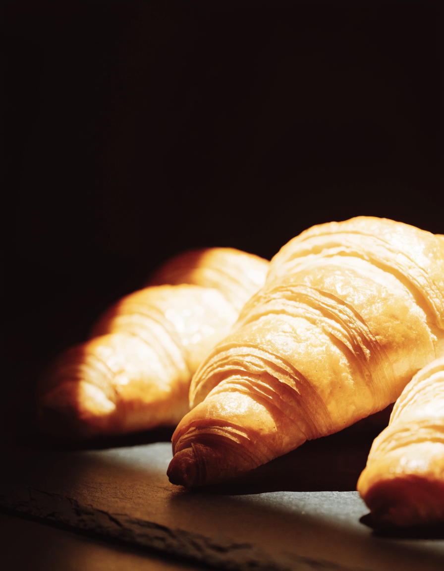 Croissants stacked on dark slate under a single dramatic light