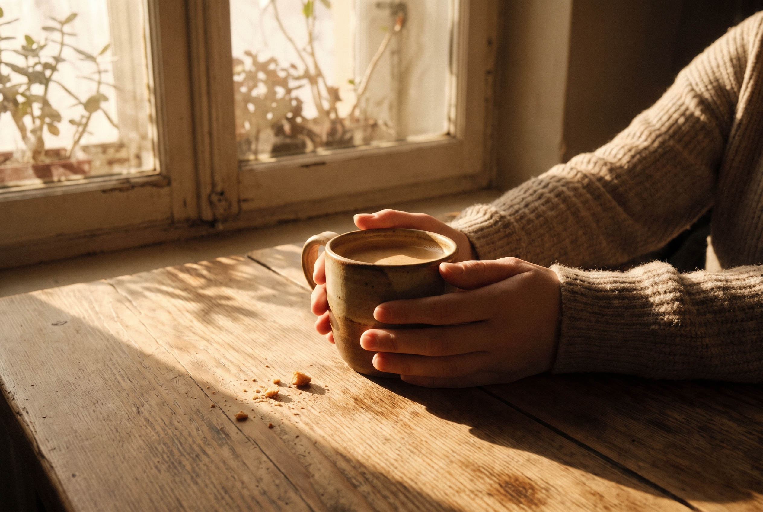 Two hands wrapped around a warm ceramic mug on a wooden table, lit by golden morning light through the window