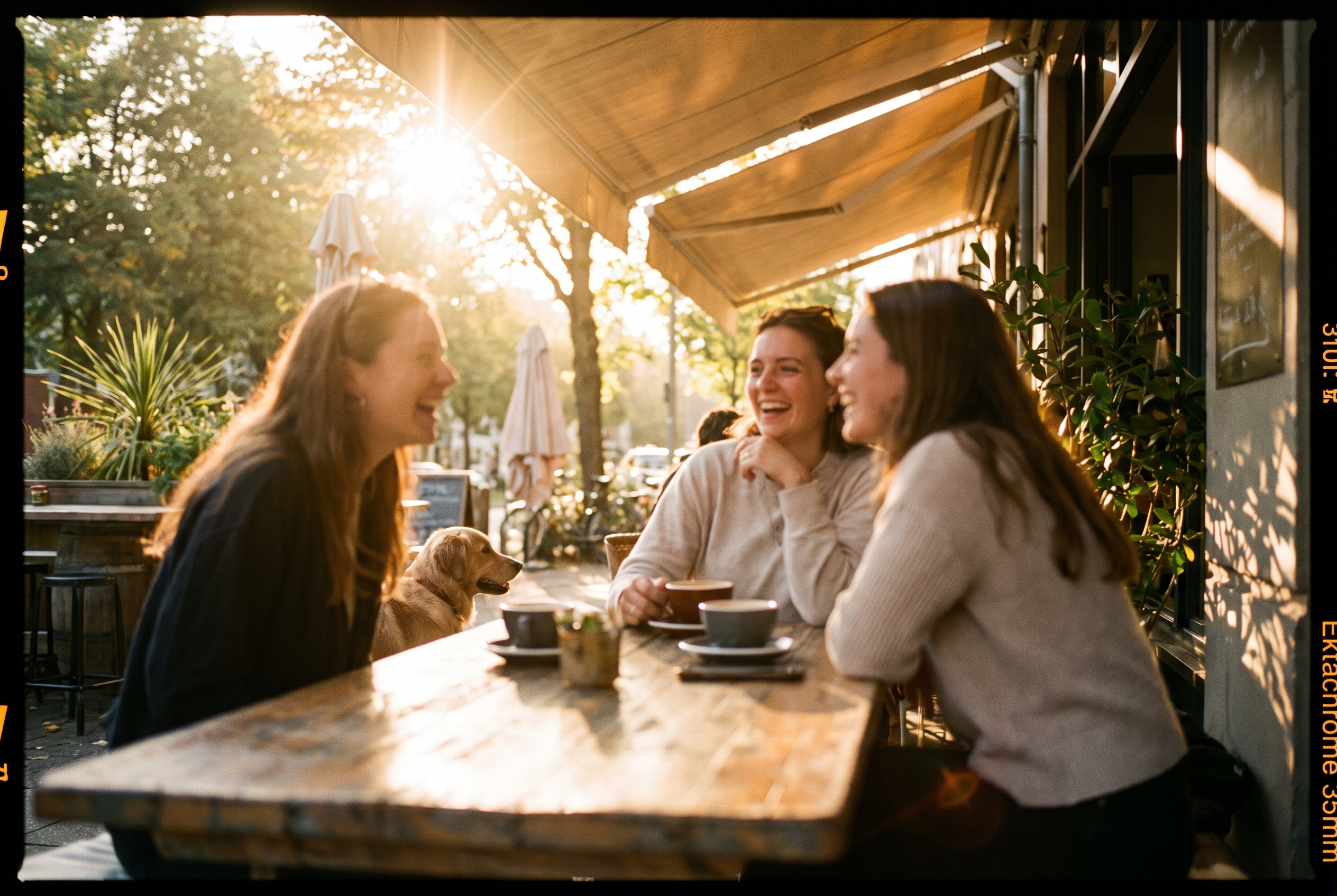 Three friends laughing over coffee at a sunlit sidewalk table outside the cafe, a golden retriever waiting beside them