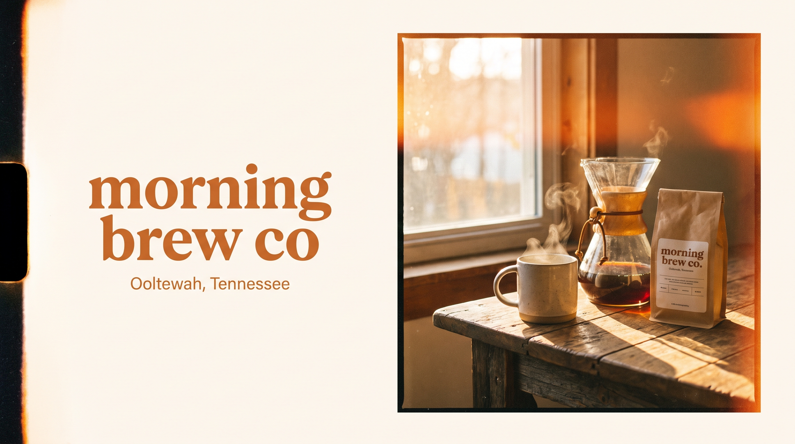 Morning Brew Co wordmark beside a chemex and a steaming mug in warm window light