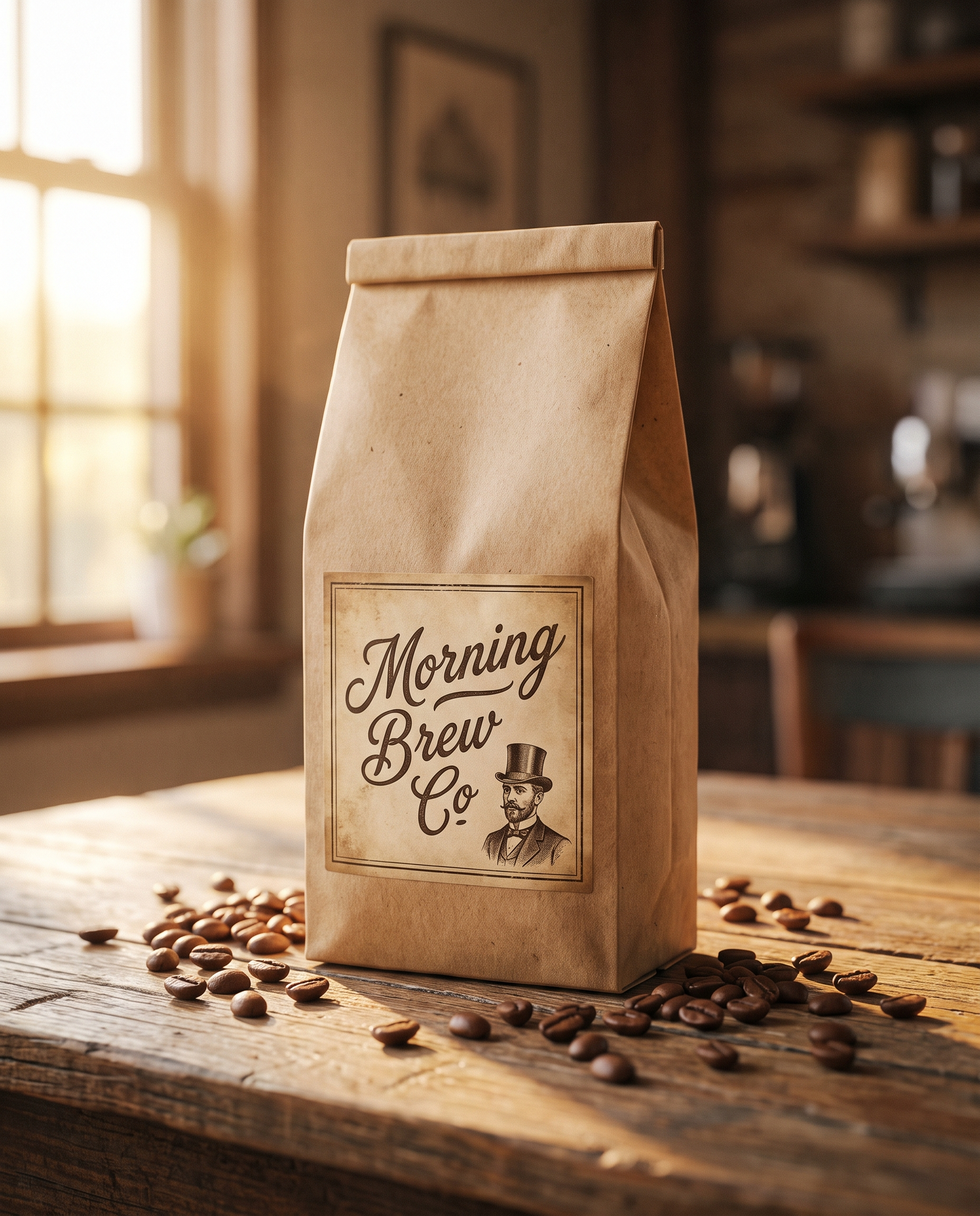 Kraft bag of Morning Brew House Blend on a wooden counter in morning light