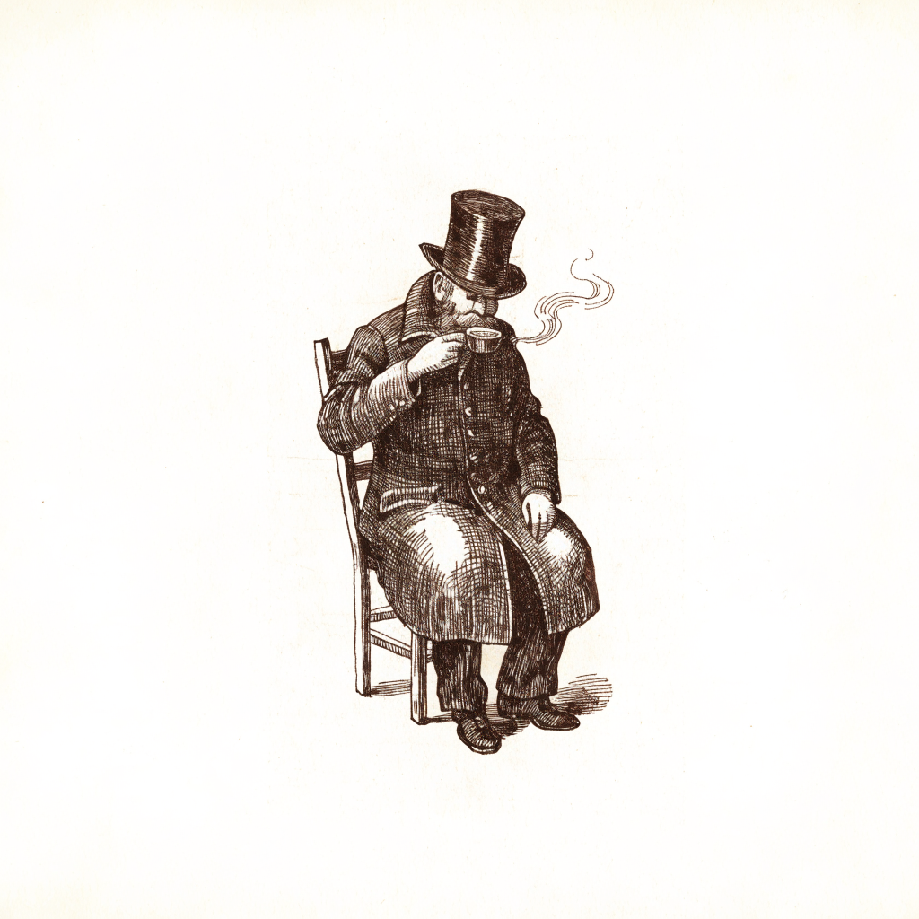 Engraving of a gentleman in a top hat sipping a steaming cup of coffee