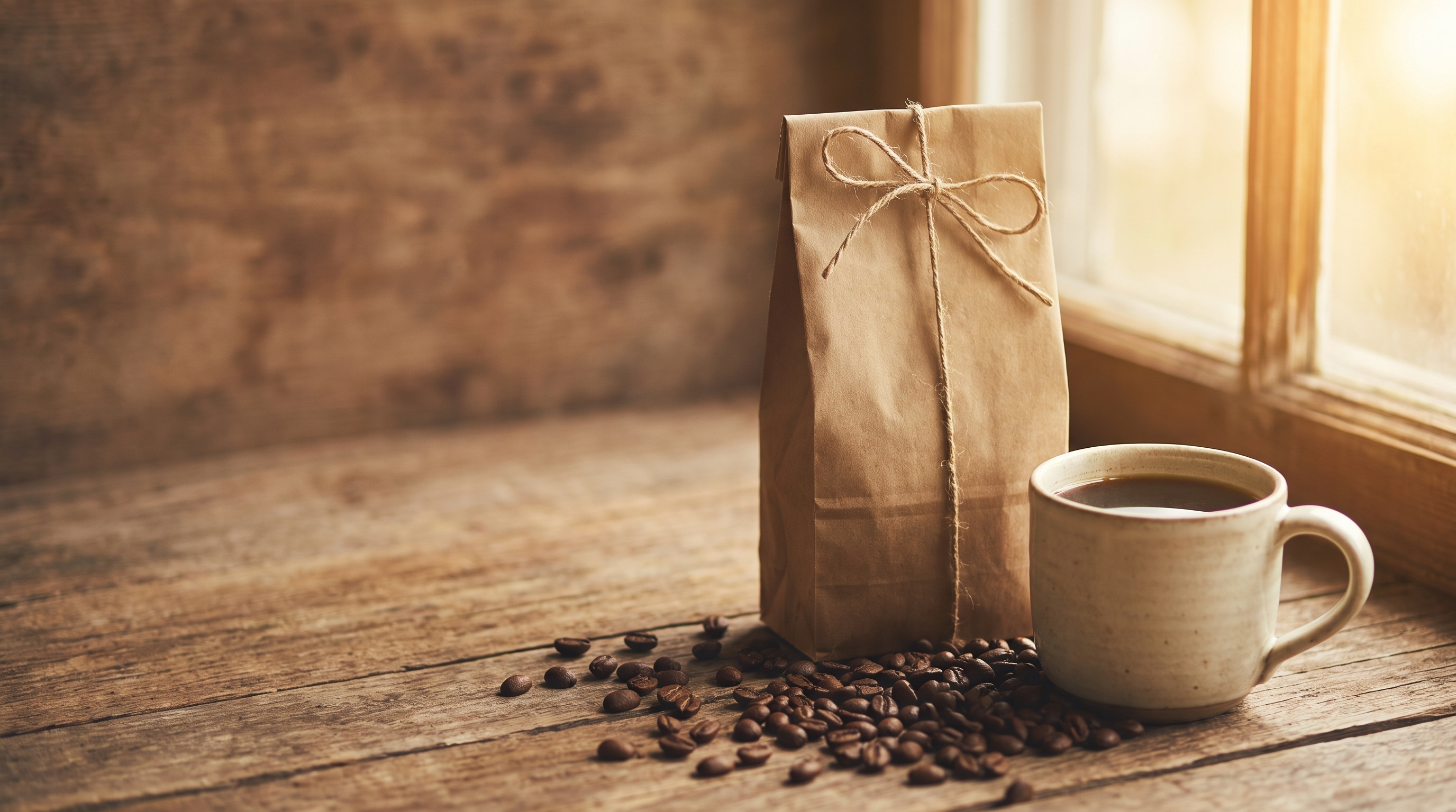 A paper bag of Morning Brew Co. beans and a fresh cup at the window, morning light