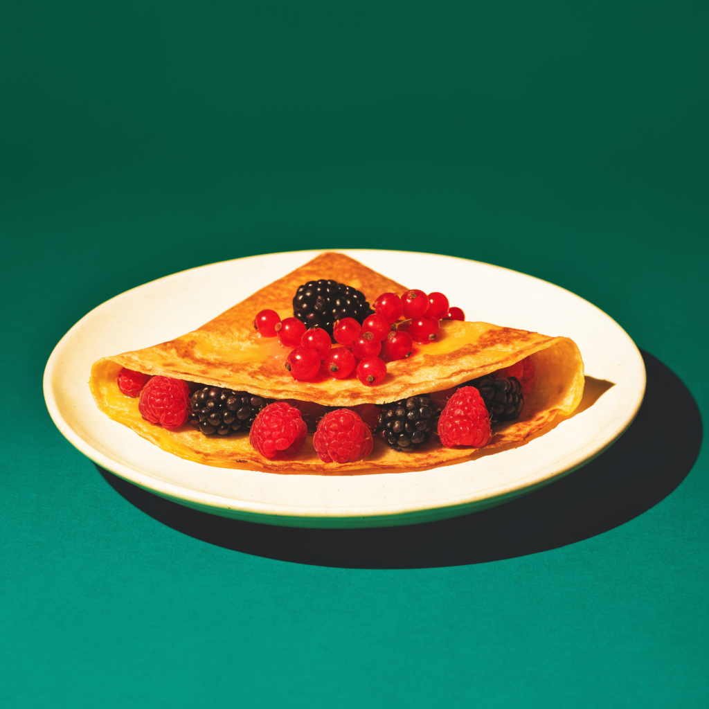 Folded crepe with raspberries, blackberries and currants on a green background