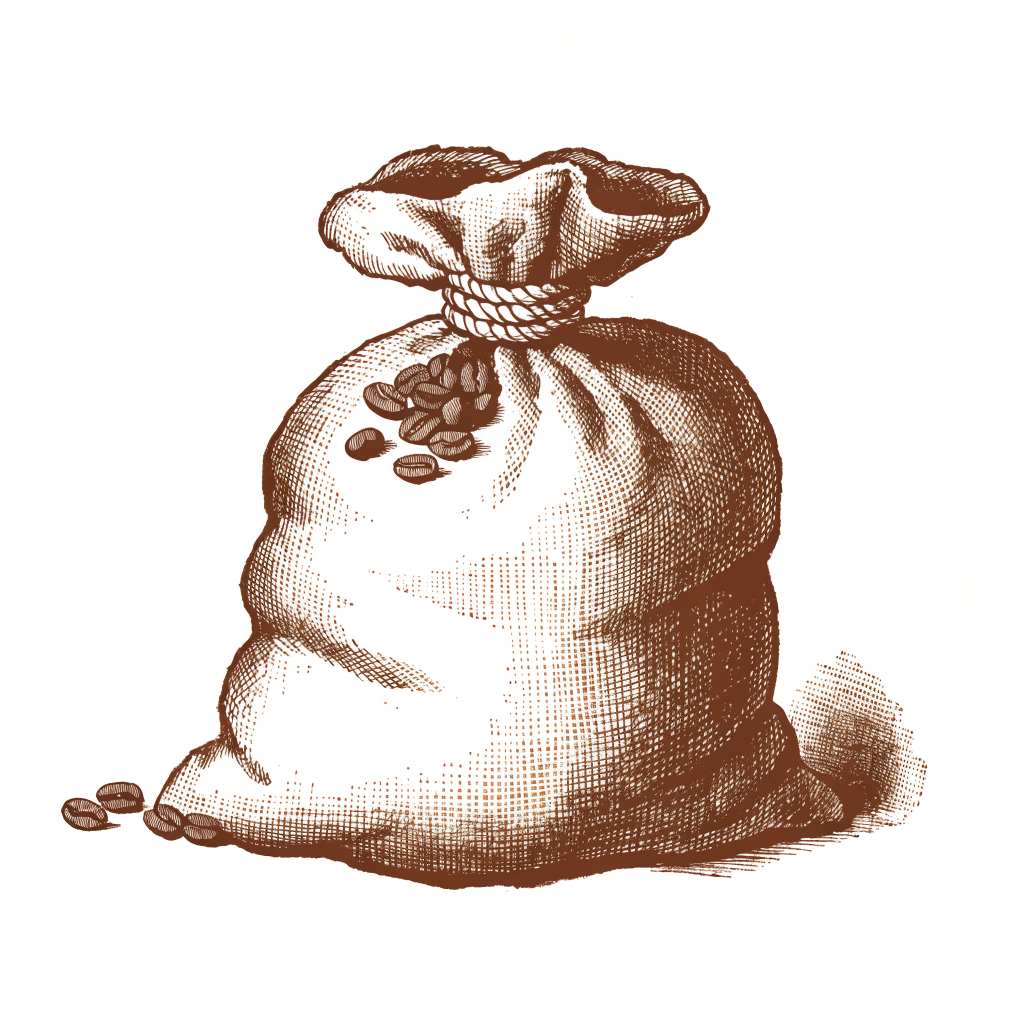 Engraving of a cloth sack tied with rope, beans spilling from the top