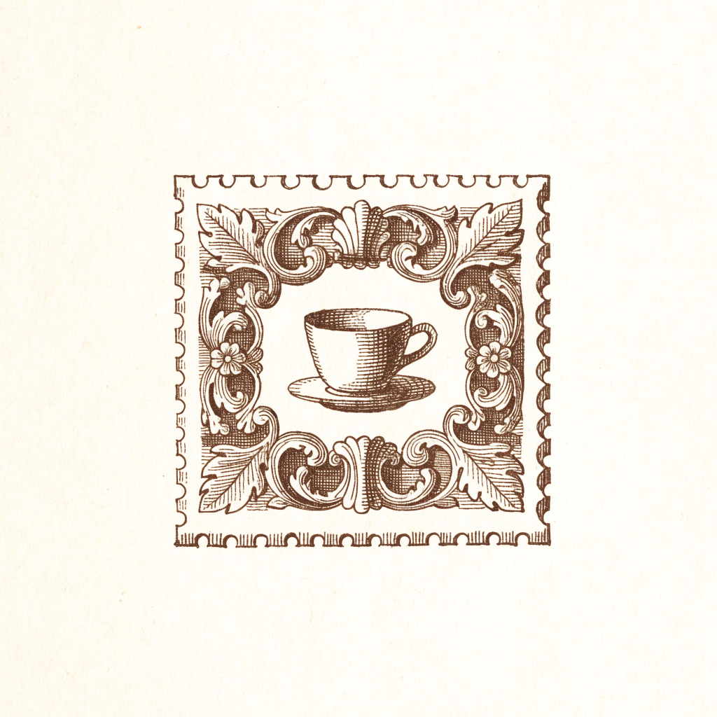 Ornamental stamp engraving of a coffee cup in a baroque frame