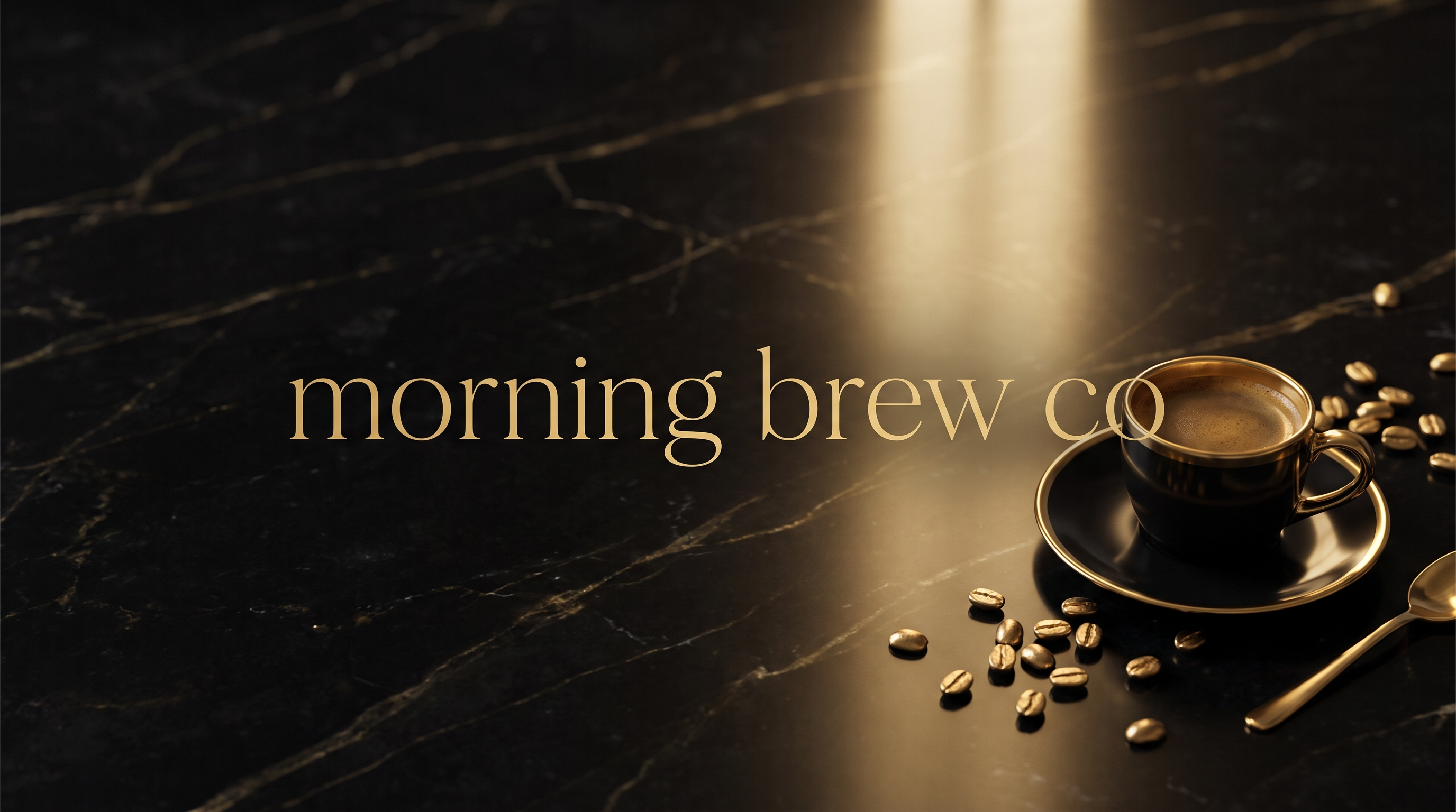 Morning brew co set in gold serif letters across black marble, beside a gold espresso cup and gilded coffee beans
