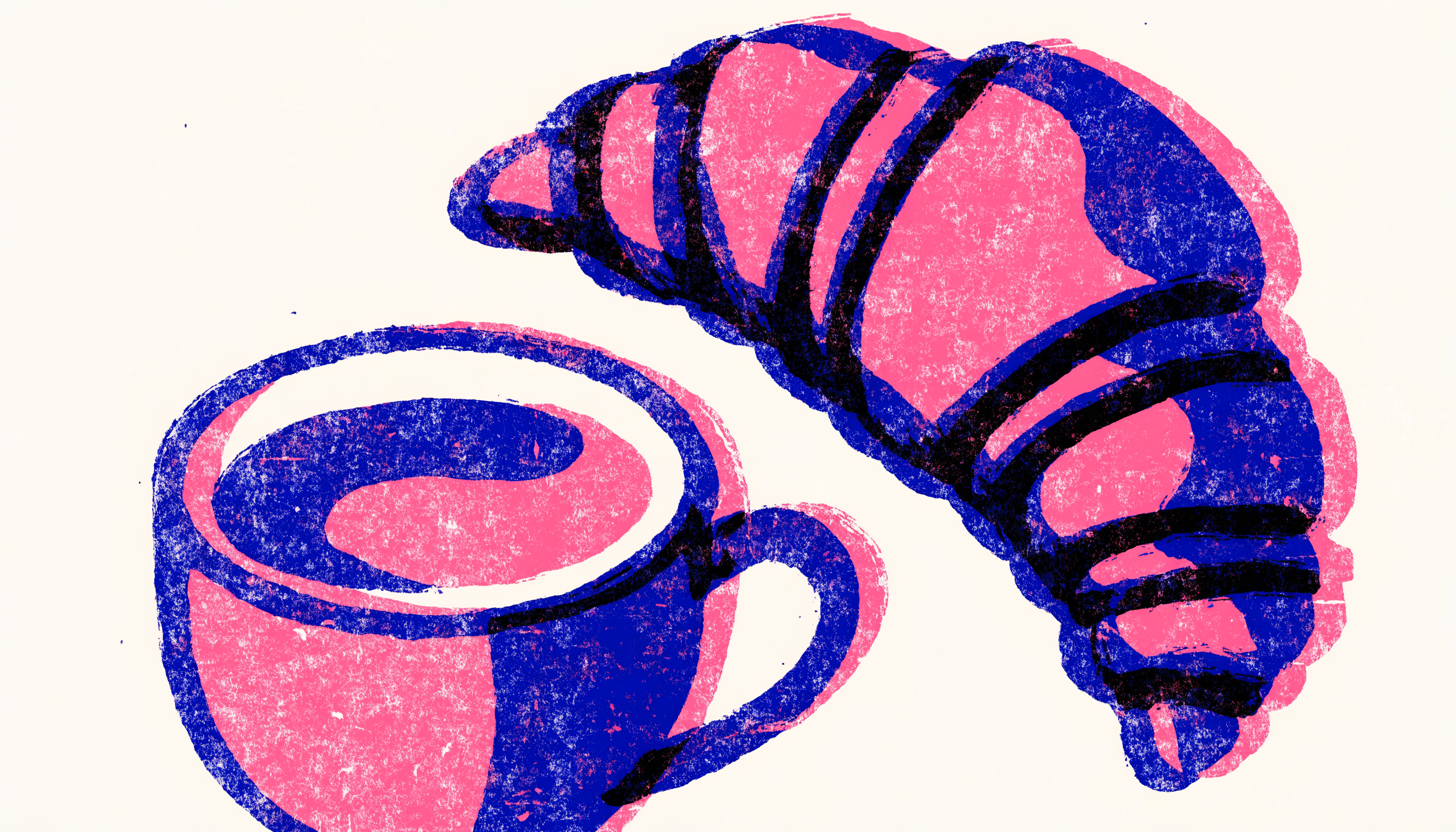 Risograph illustration of a steaming coffee cup and a croissant, printed in fluorescent pink and cobalt blue