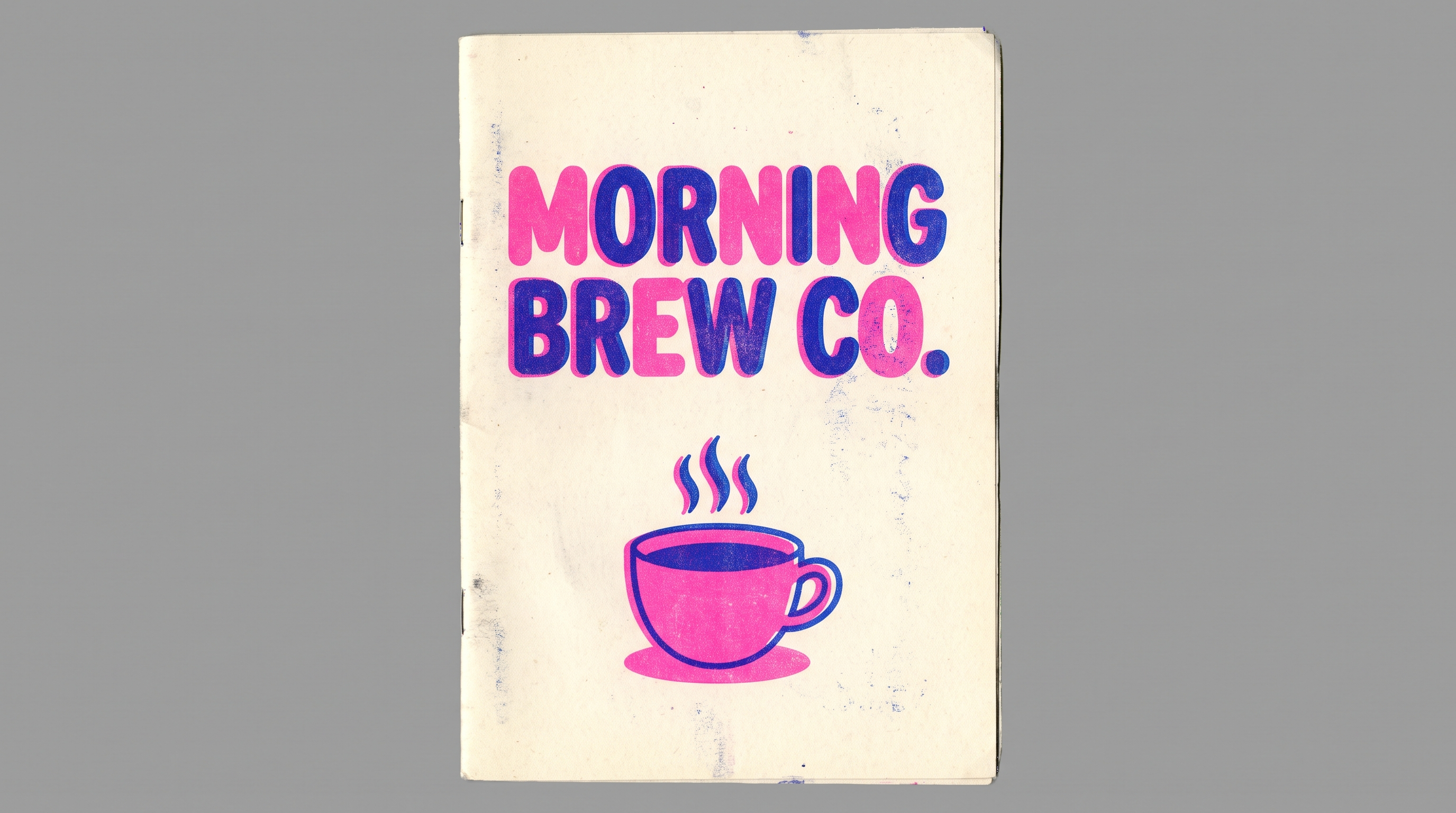 Photograph of a stapled risograph zine cover reading Morning Brew Co, printed in fluorescent pink and blue with a steaming coffee cup