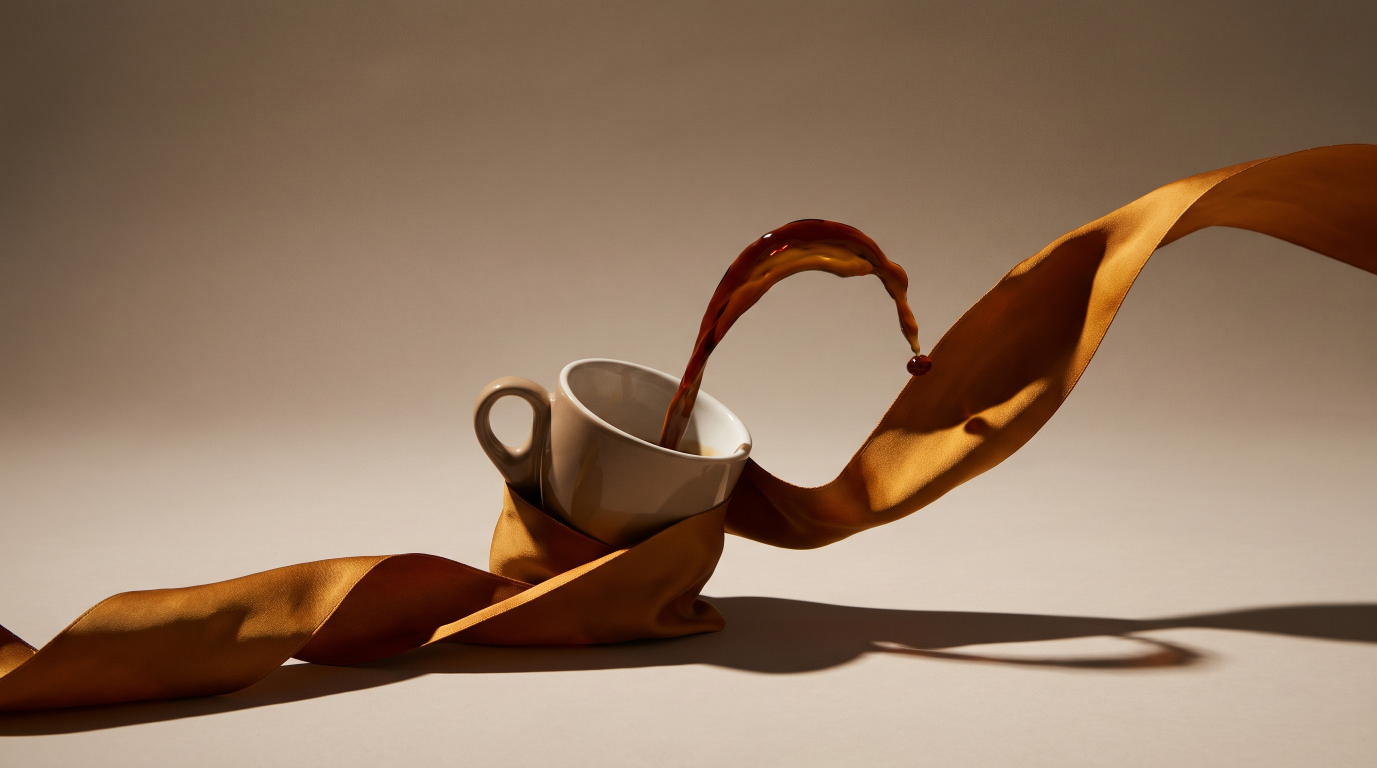 An espresso cup wrapped in a golden silk ribbon, a ribbon of coffee arcing into it, photographed like a fashion still life