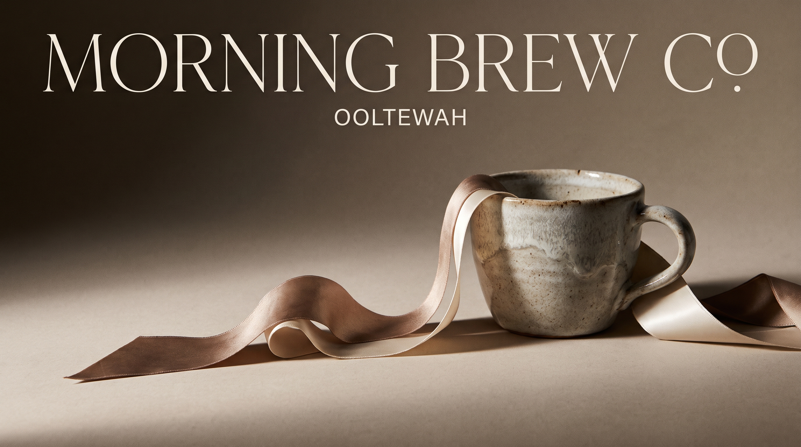 The Morning Brew Co cover, a glazed ceramic mug and satin ribbon beneath a thin serif masthead reading Morning Brew Co, Ooltewah