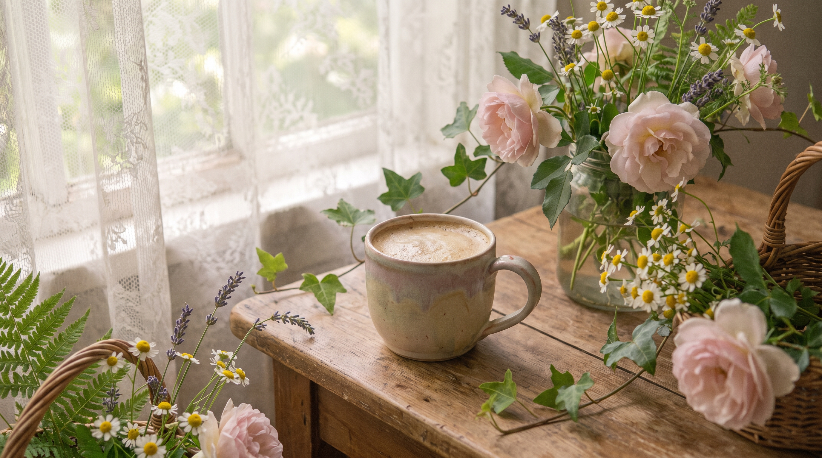 A cup of coffee beside a jar of wildflowers on a wooden table, in soft morning light