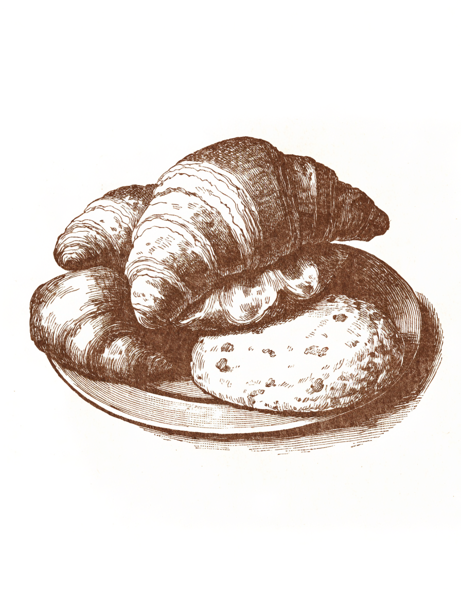 Engraving of croissants and a scone piled on a plate