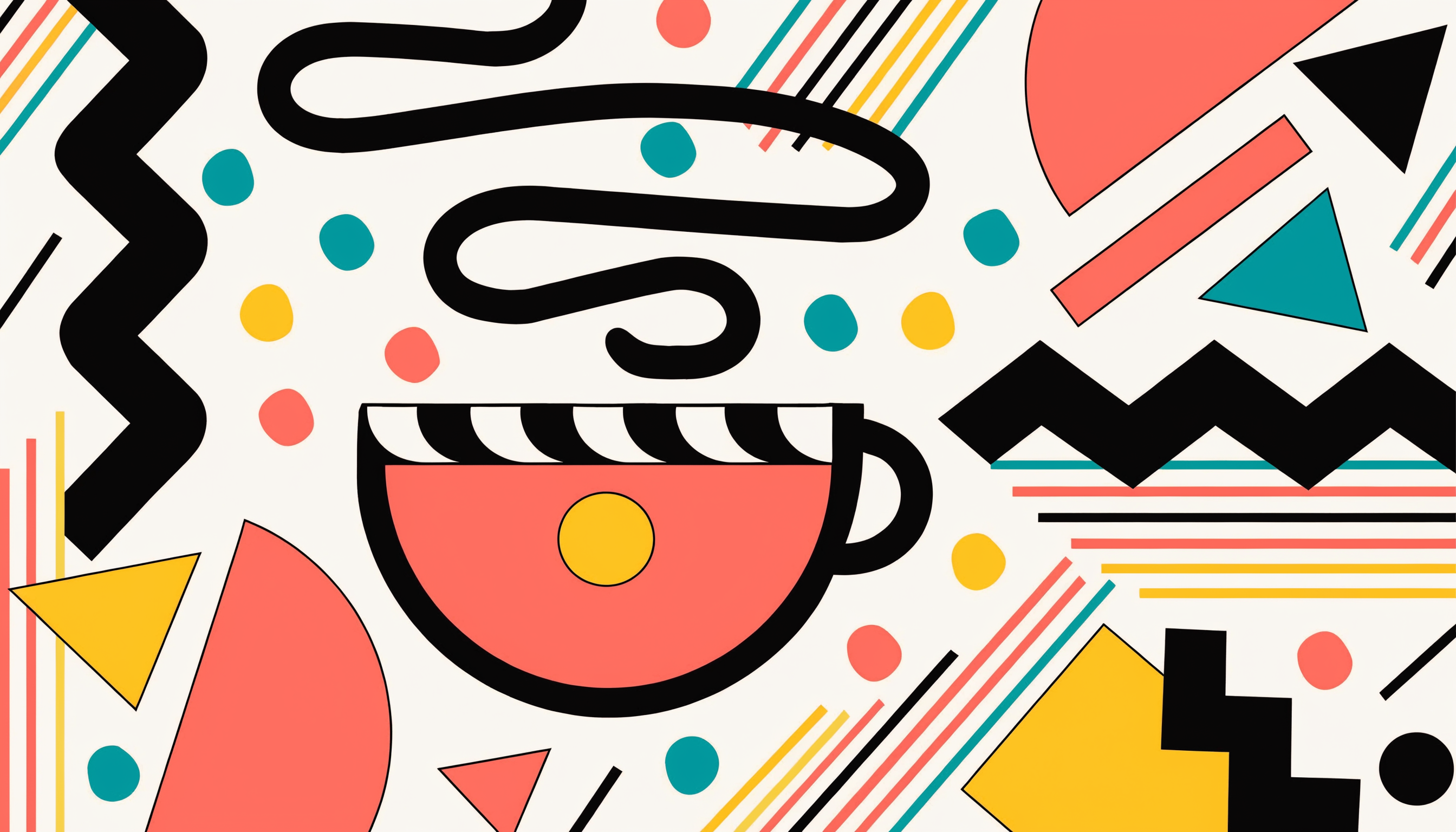Memphis style illustration of a coral coffee cup with a black squiggle of steam, surrounded by confetti dots, zigzags and triangles