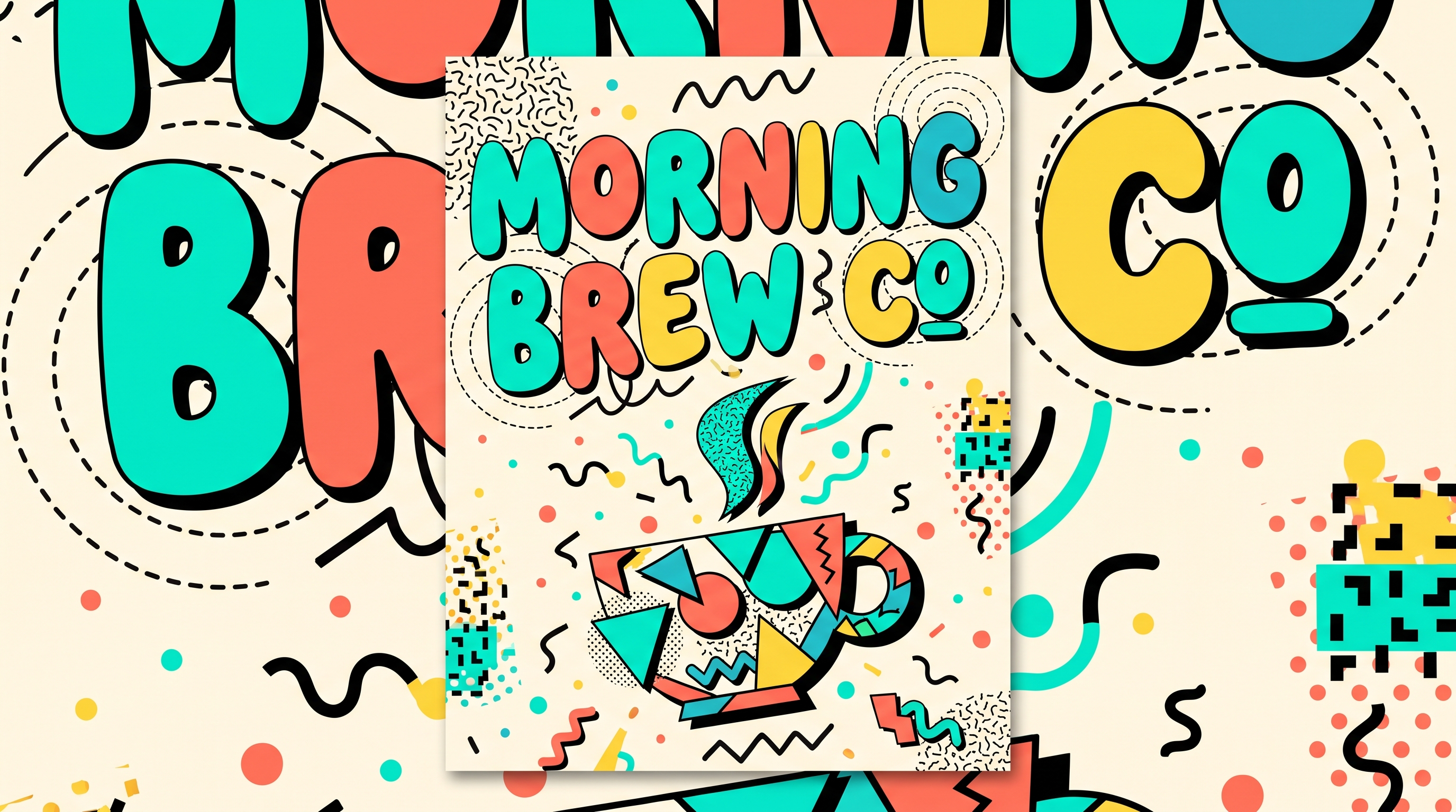 Poster reading Morning Brew Co in chunky teal, coral and yellow letters above a Memphis patterned coffee cup, on a confetti covered background