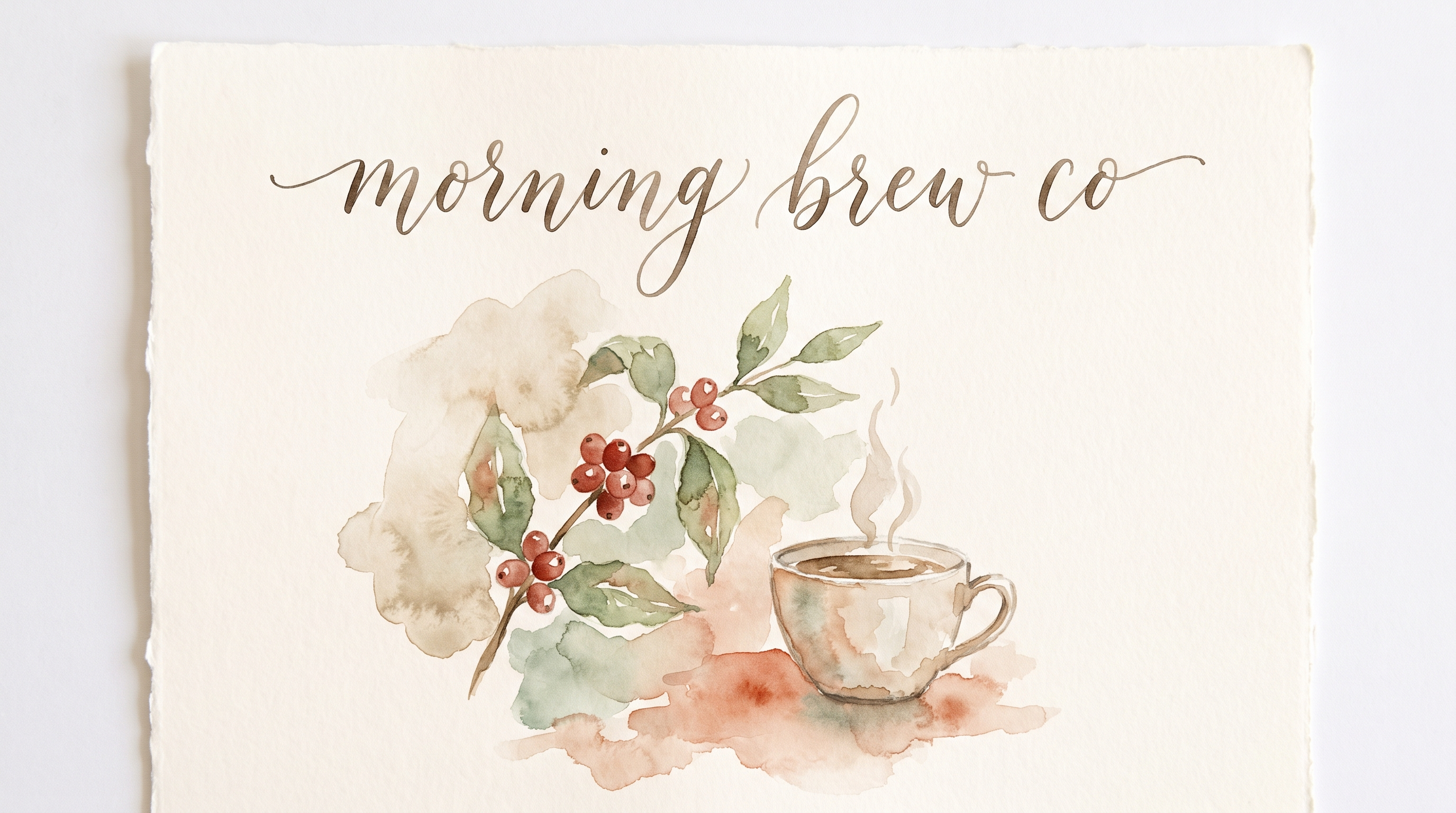 Watercolor painting on deckled paper reading morning brew co in brush calligraphy above a coffee branch and steaming cup