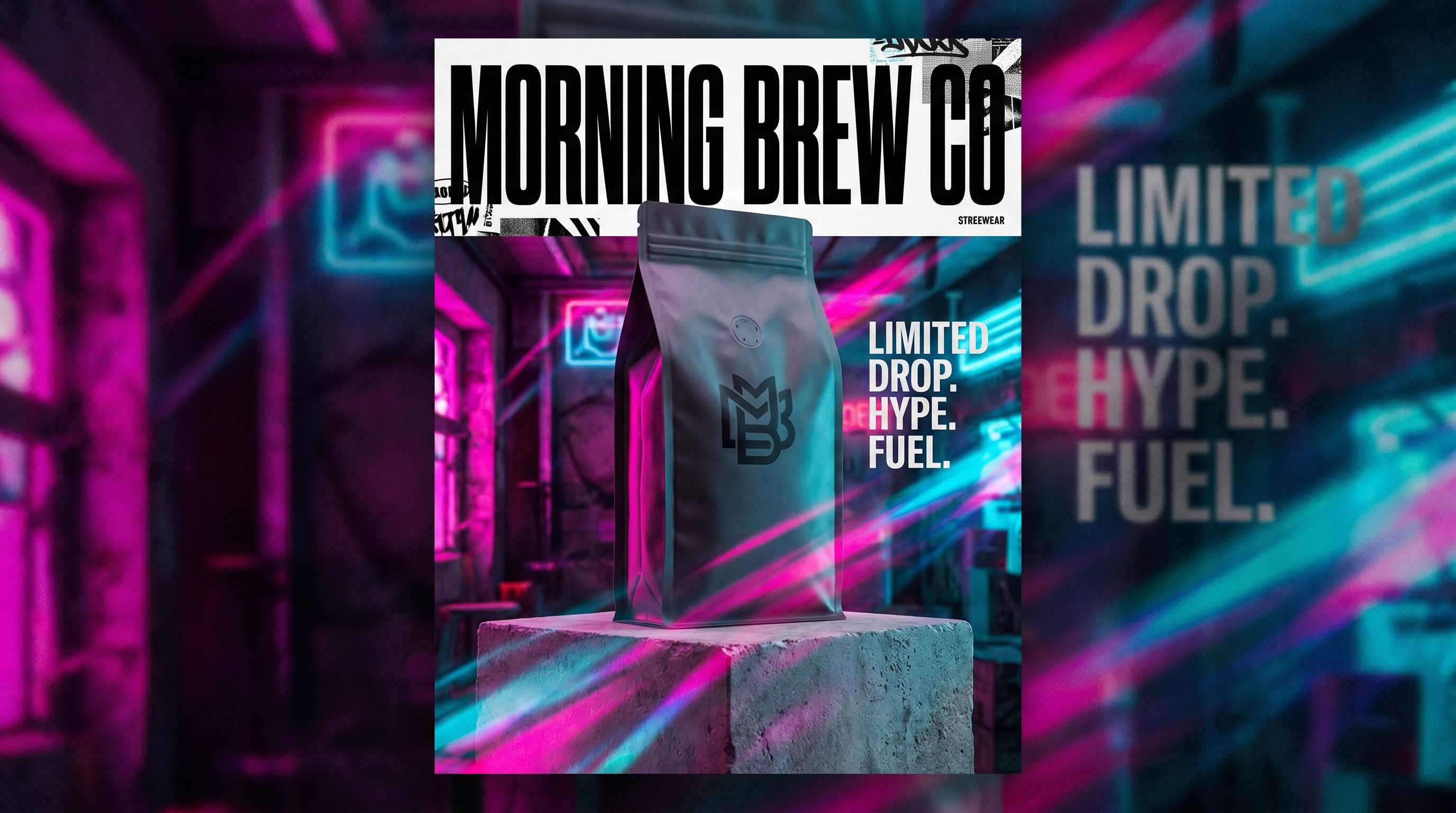 Morning Brew Co streetwear campaign cover reading Limited Drop. Hype. Fuel.
