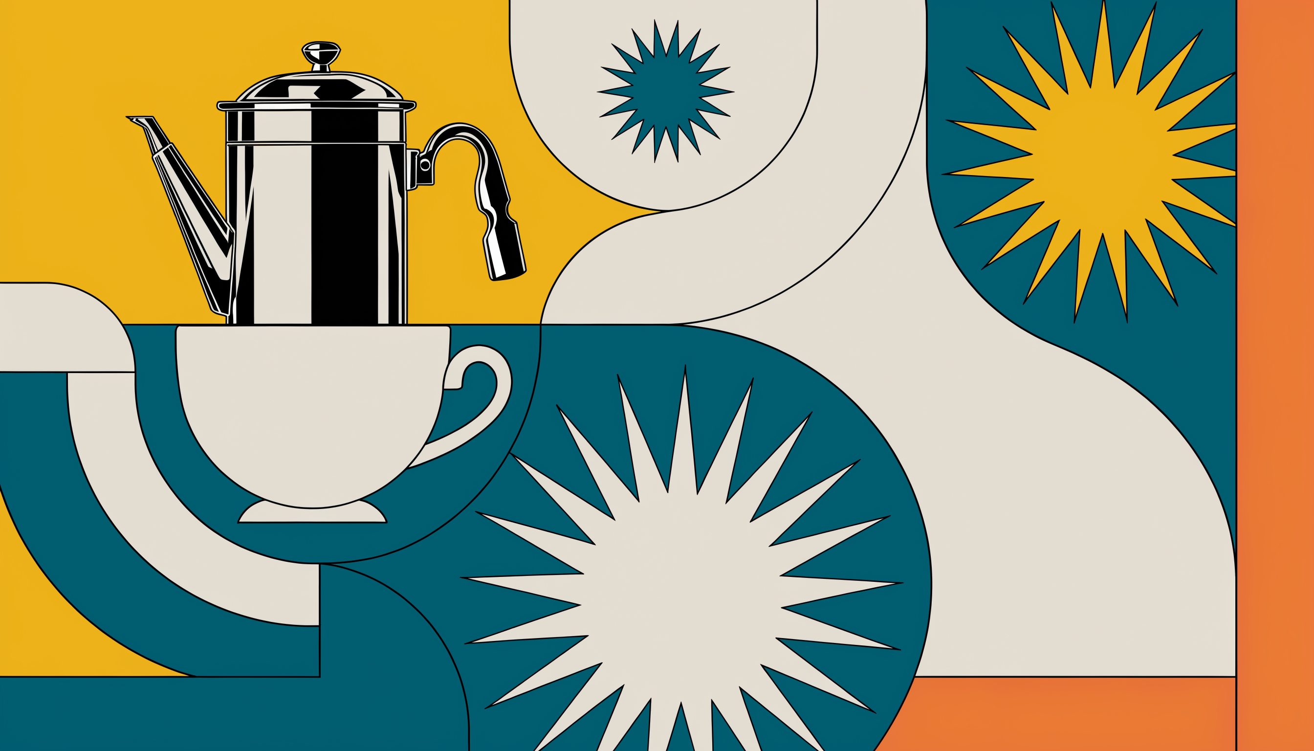 Mid-century illustration of a chrome percolator pouring into a cup, surrounded by starbursts in mustard, teal, and cream
