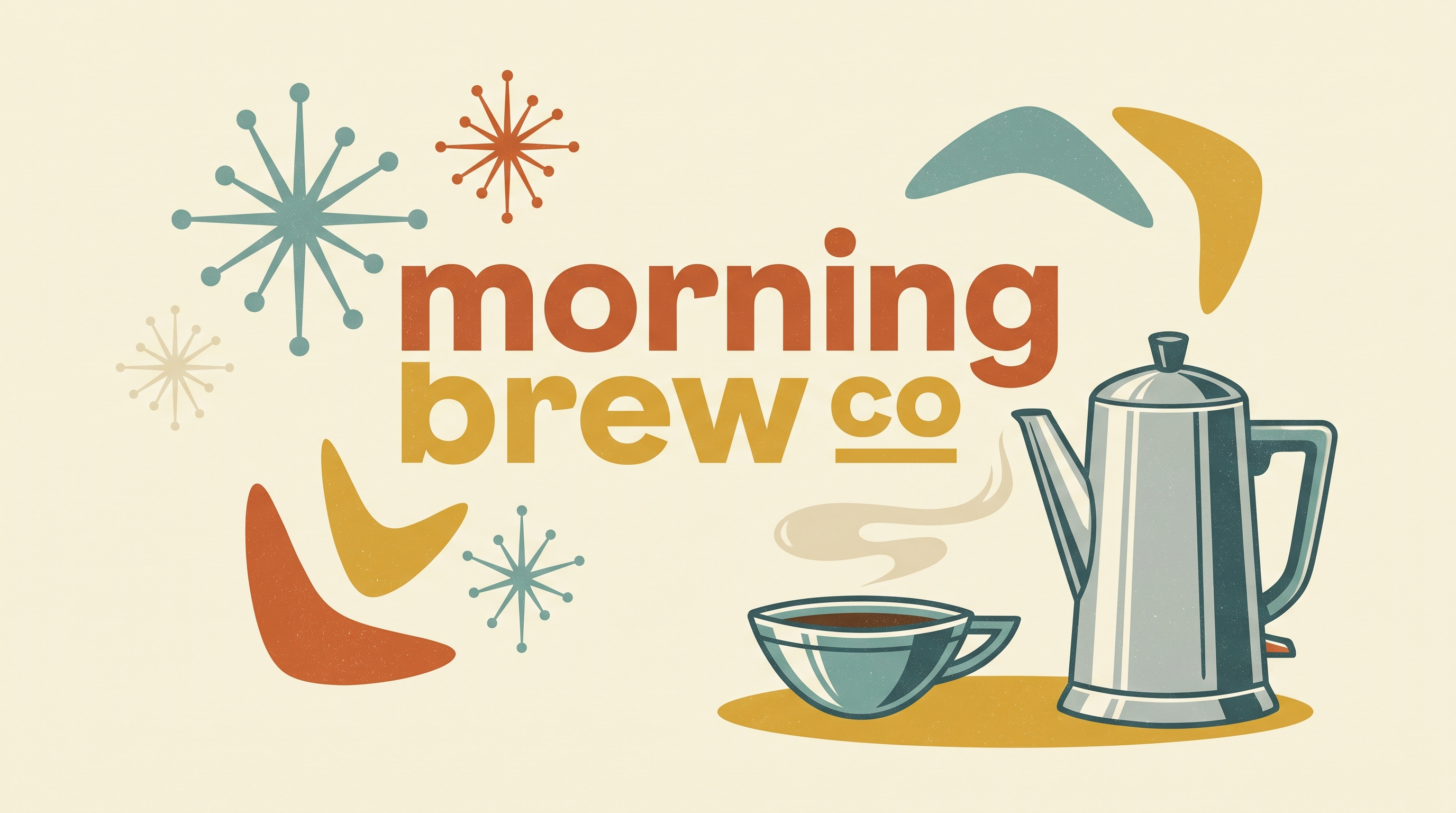 Morning brew co brand cover in mid-century style with starbursts, boomerangs, a percolator, and a steaming cup