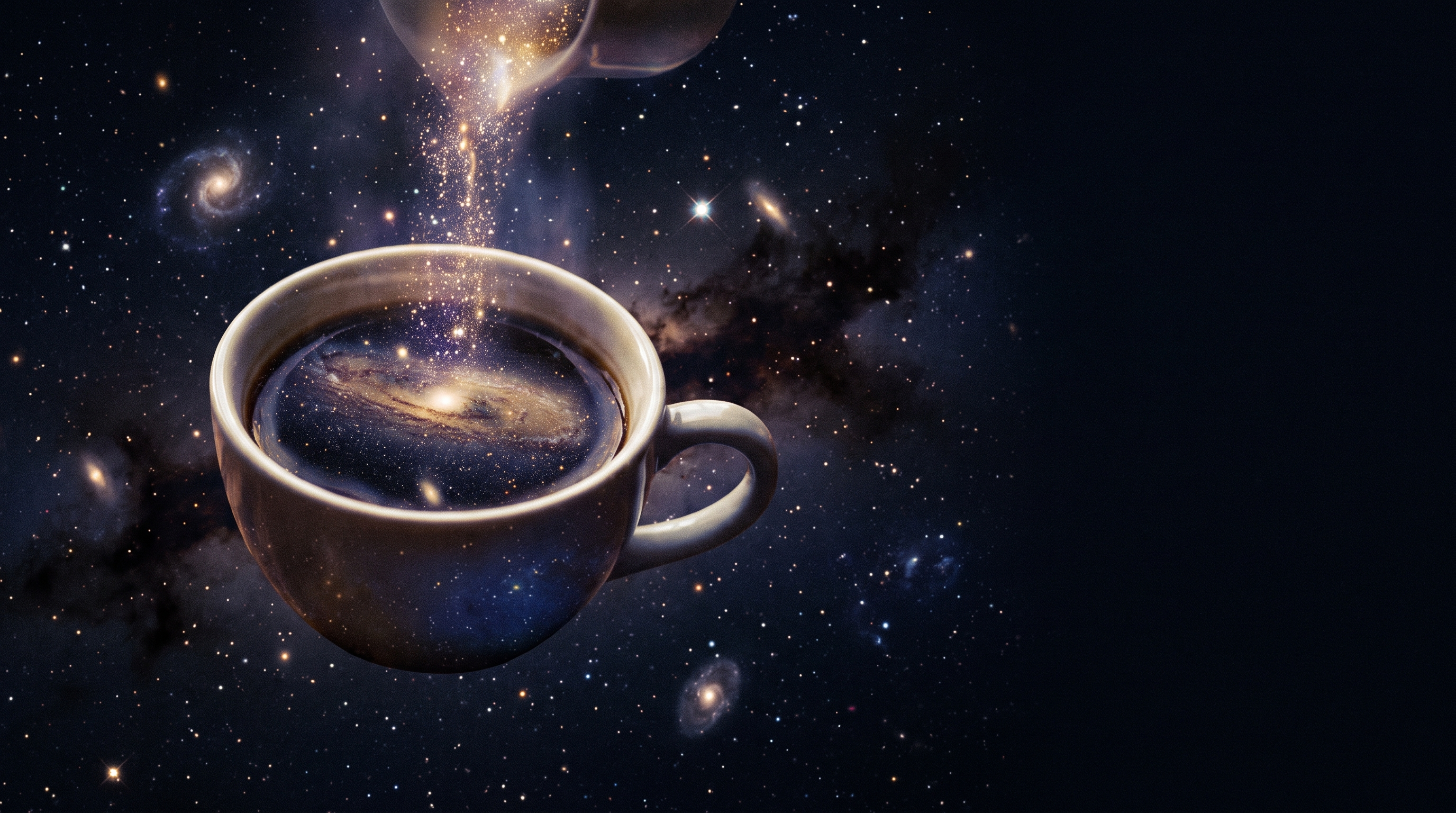 A ceramic coffee cup floating in deep space, a spiral galaxy swirling inside the coffee while golden stardust pours in from above