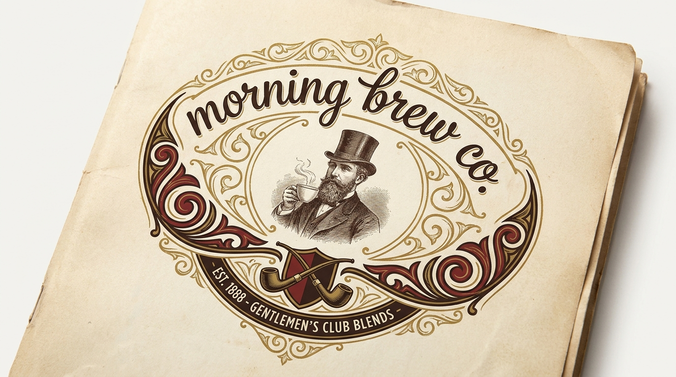 The Morning Brew Co branded cover: an ornate crest with the arced script wordmark and the top hat gentleman on aged cream paper