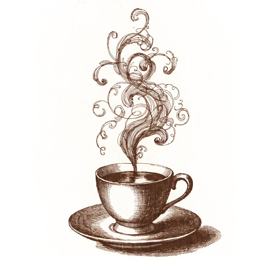 Pen and ink engraving of a coffee cup on a saucer, its steam curling into ornate Victorian flourishes