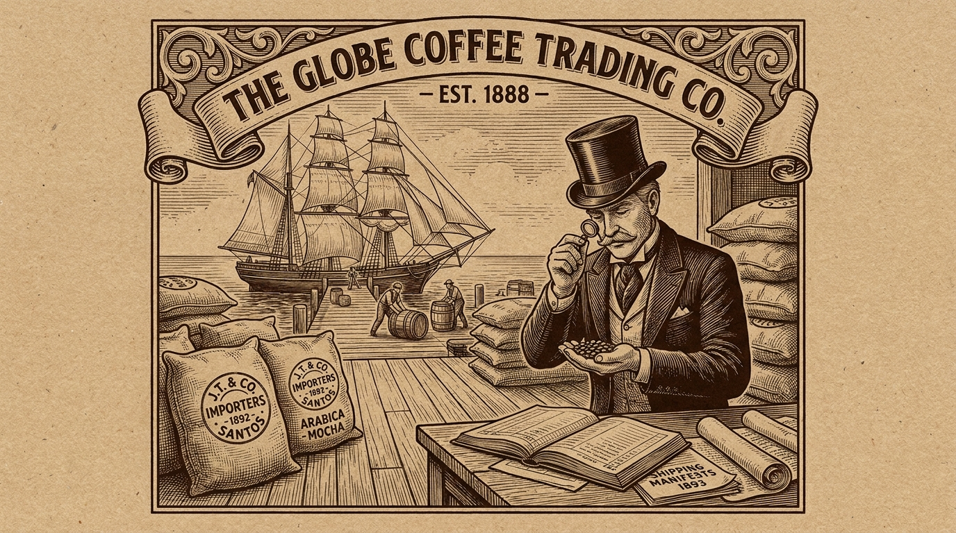 Sepia engraving of an 1890s coffee import house: a gentleman merchant in a top hat cupping beans at the dock, a tall ship behind him, sacks and barrels stacked on the wharf