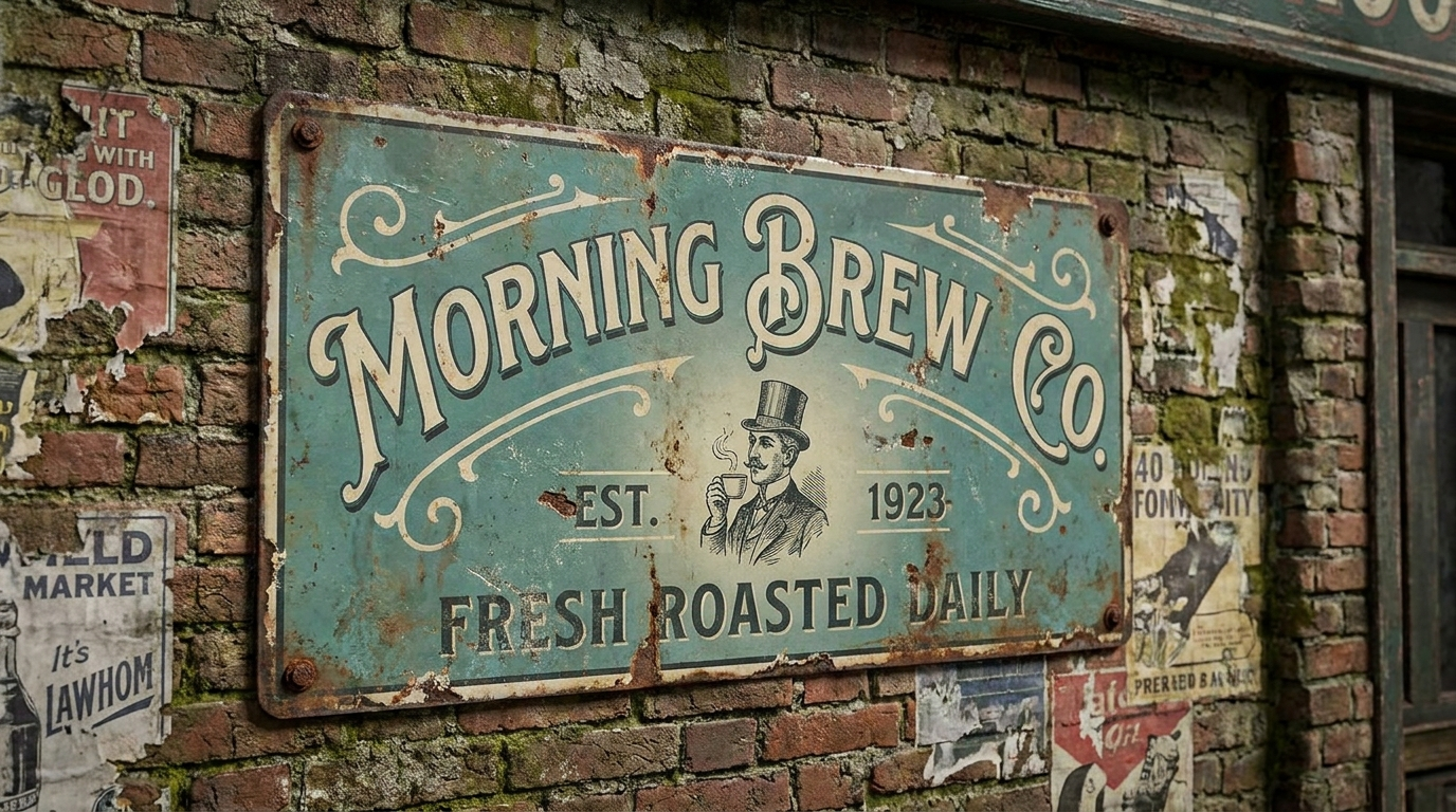Weathered teal enamel tin sign bolted to a brick wall, hand painted with Morning Brew Co, Fresh Roasted Daily, and a top hat gentleman sipping coffee