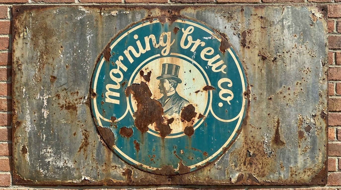 Rusted enamel sign on brick with a teal roundel reading morning brew co in arched script around the top hat gentleman