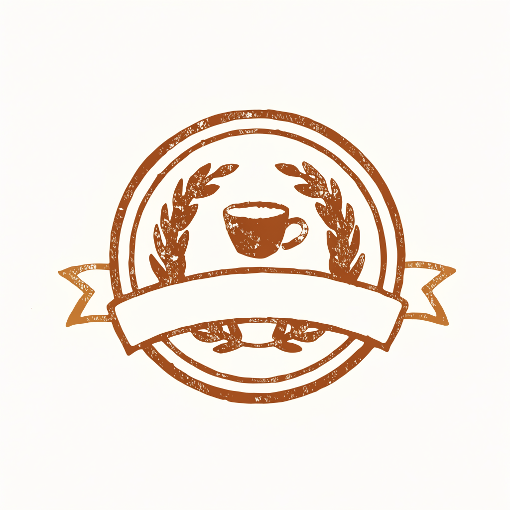 Round stamped emblem with a coffee cup and laurel branches
