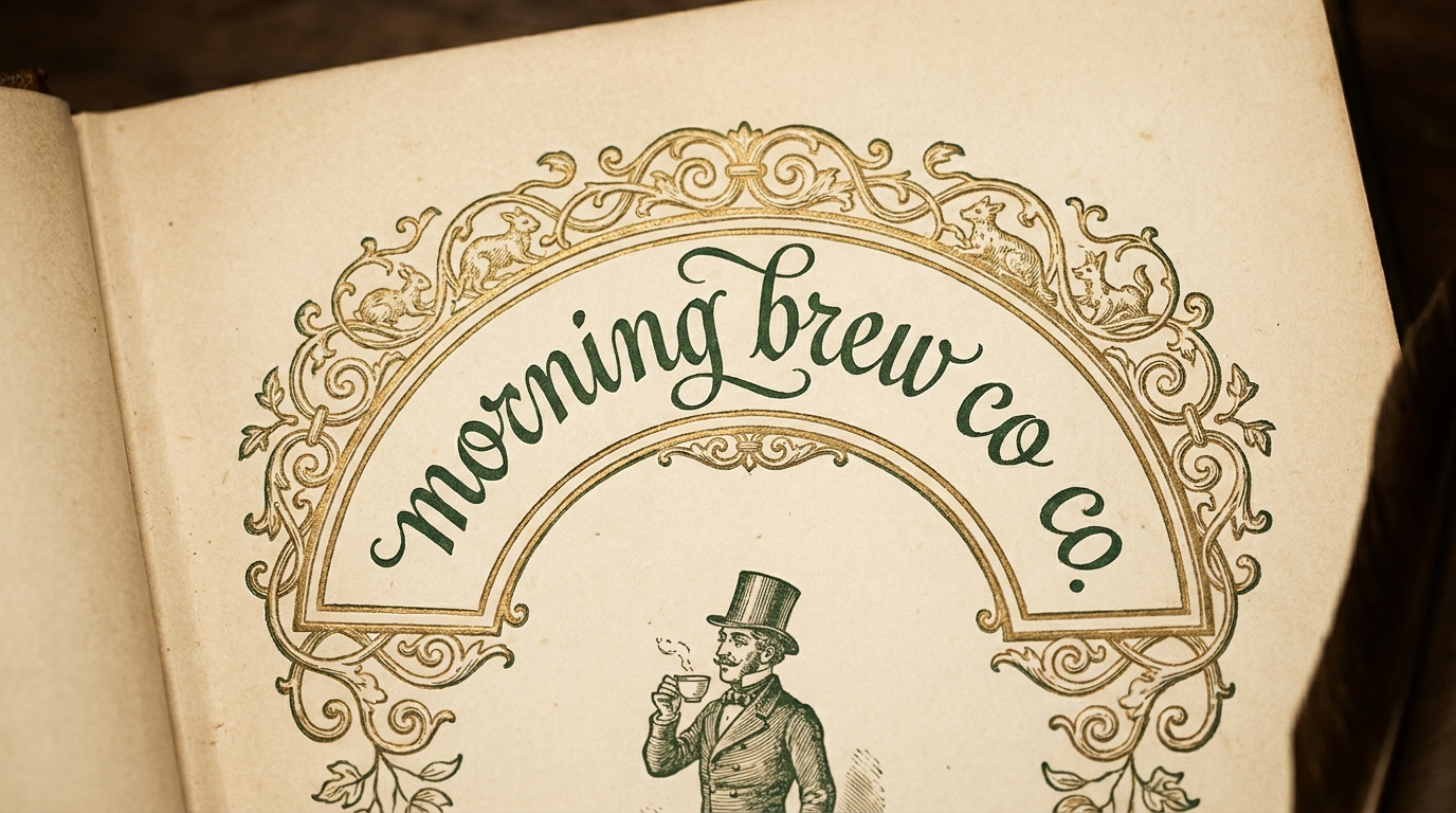 An open antique book page bearing the arced morning brew co script in green ink beneath a gold flourish arch, with the top hat gentleman sipping his cup below