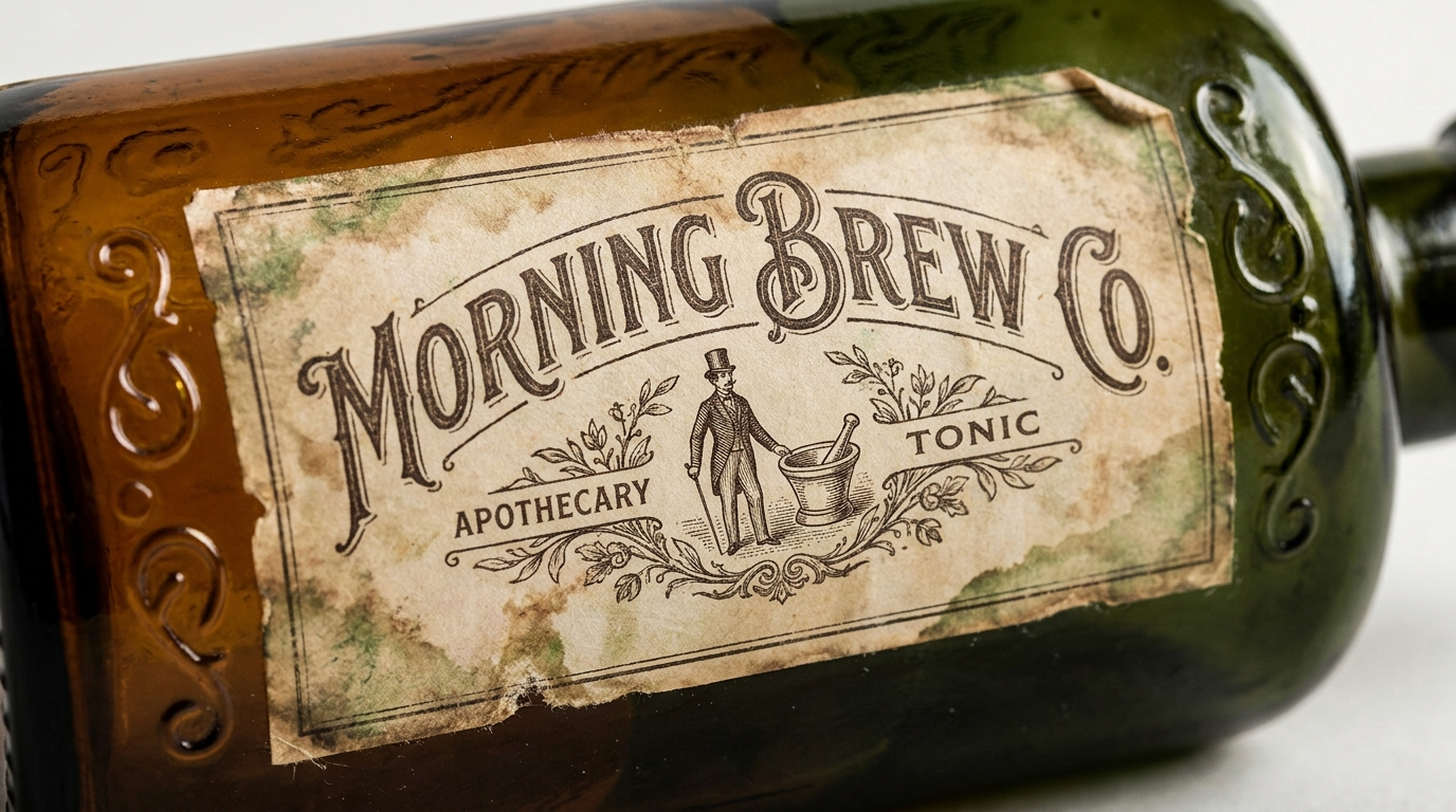 An antique green glass bottle with an aged Morning Brew Co. apothecary tonic label, the arched wordmark above an engraved gentleman with mortar and pestle