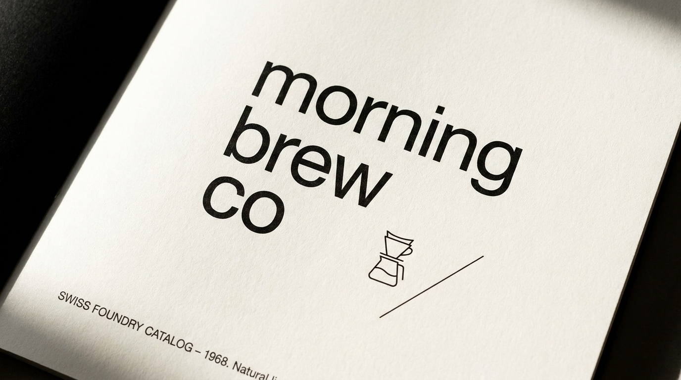 printed specimen card of the lowercase morning brew co wordmark with the pour over mark and diagonal rule, photographed on a dark surface