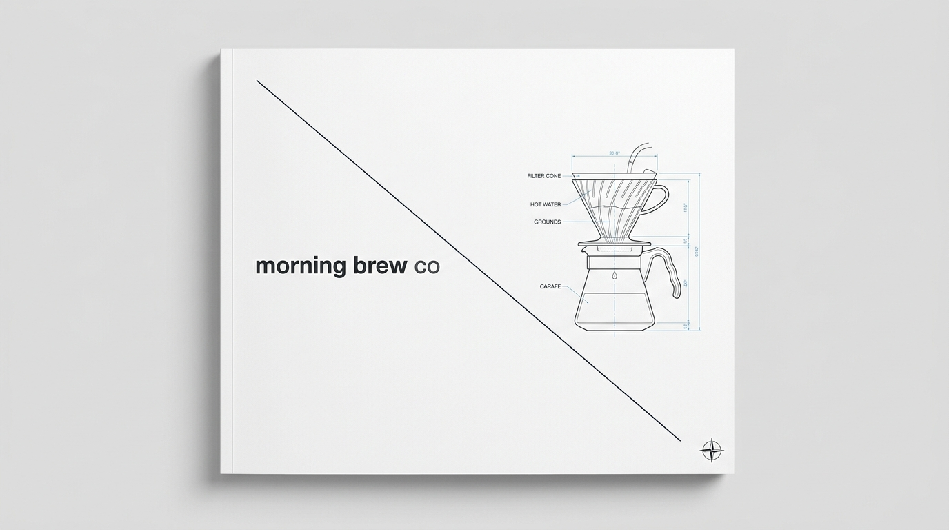 Brand standards cover: the lowercase morning brew co wordmark beside a dimensioned pour over diagram, split by the thin diagonal rule